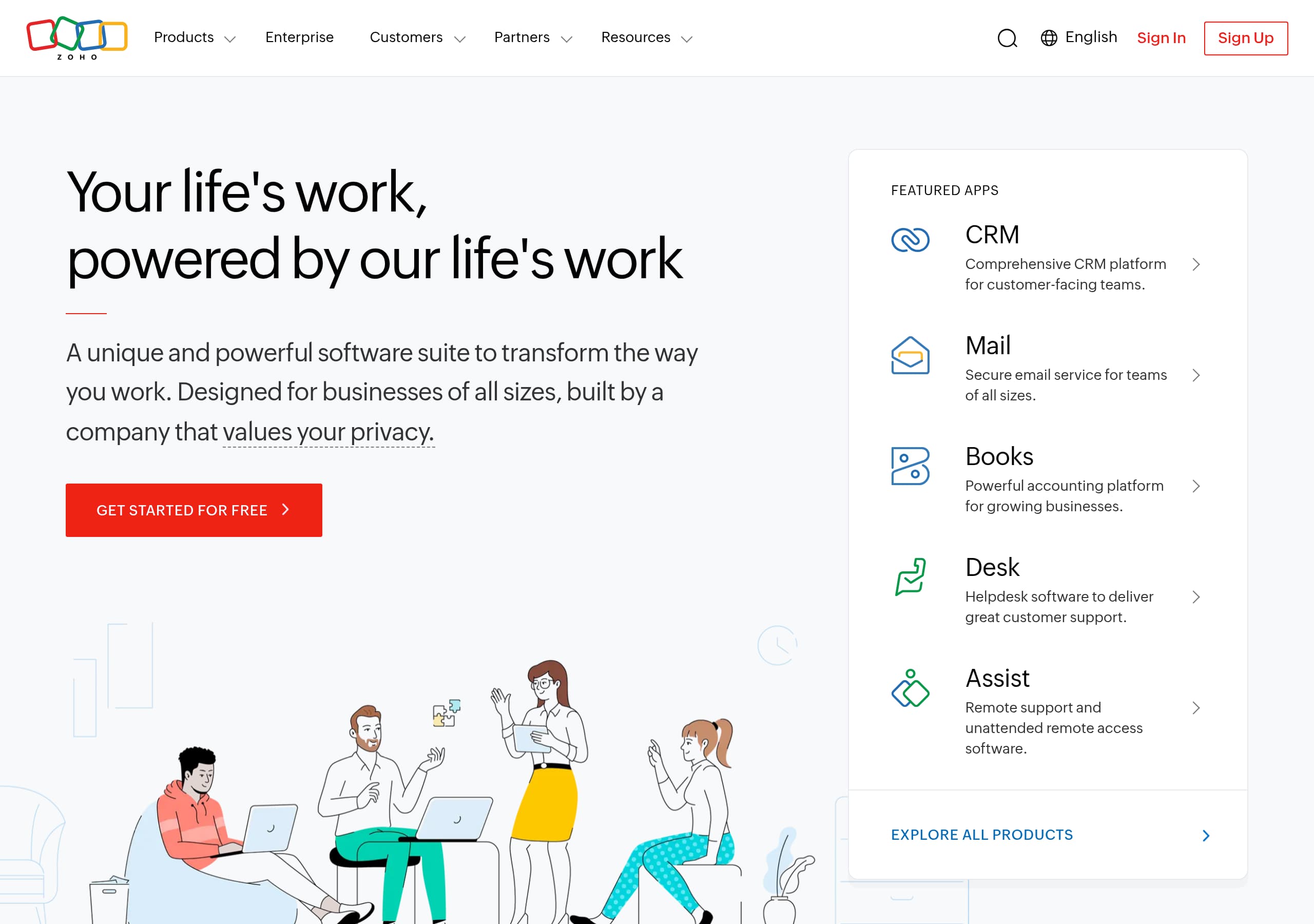Zoho homepage – Website breakdown screenshot Homepage of Zoho marketing site – hero and above-the-fold content
