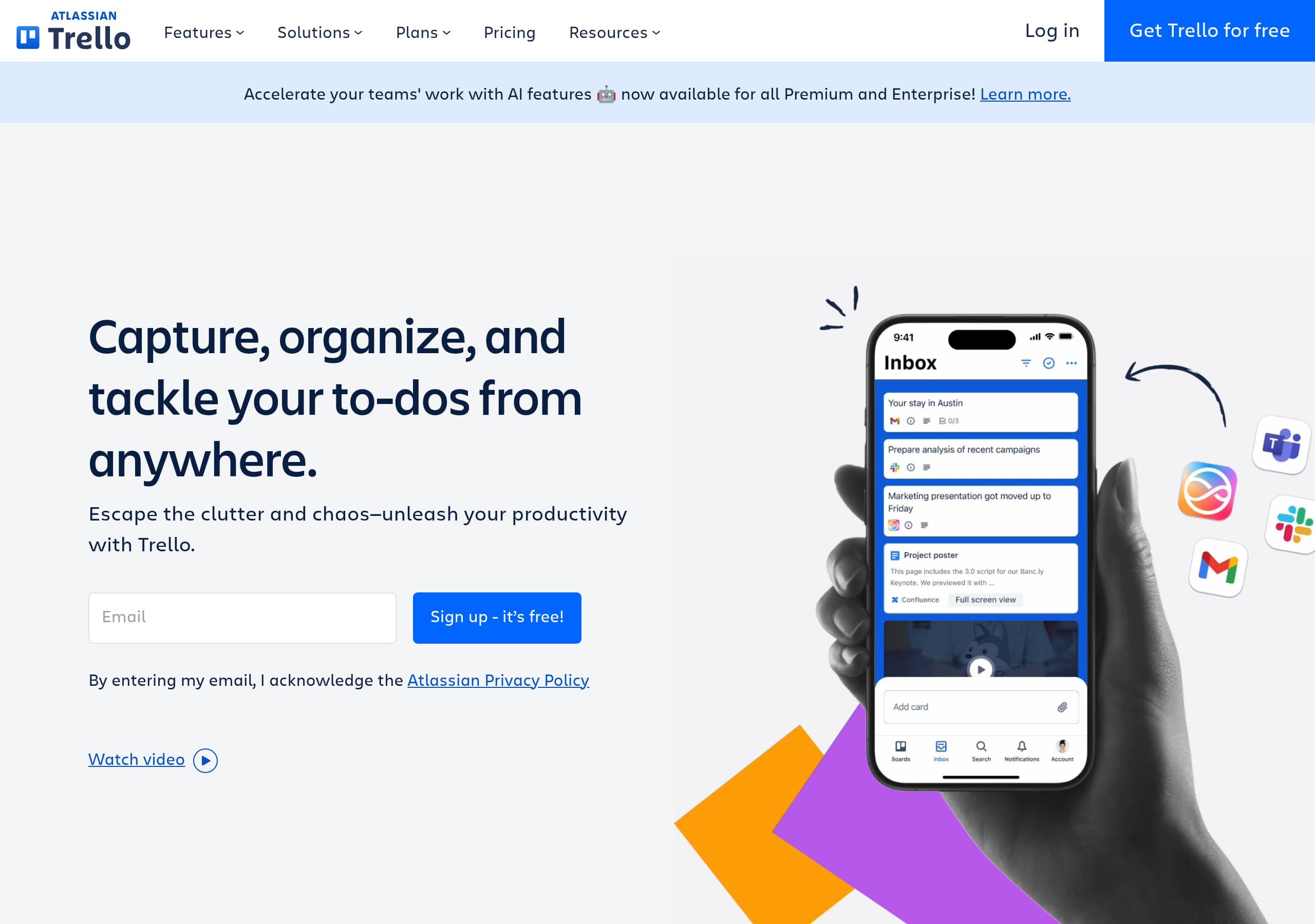 Trello homepage – Website breakdown screenshot Homepage of Trello marketing site – hero and above-the-fold content