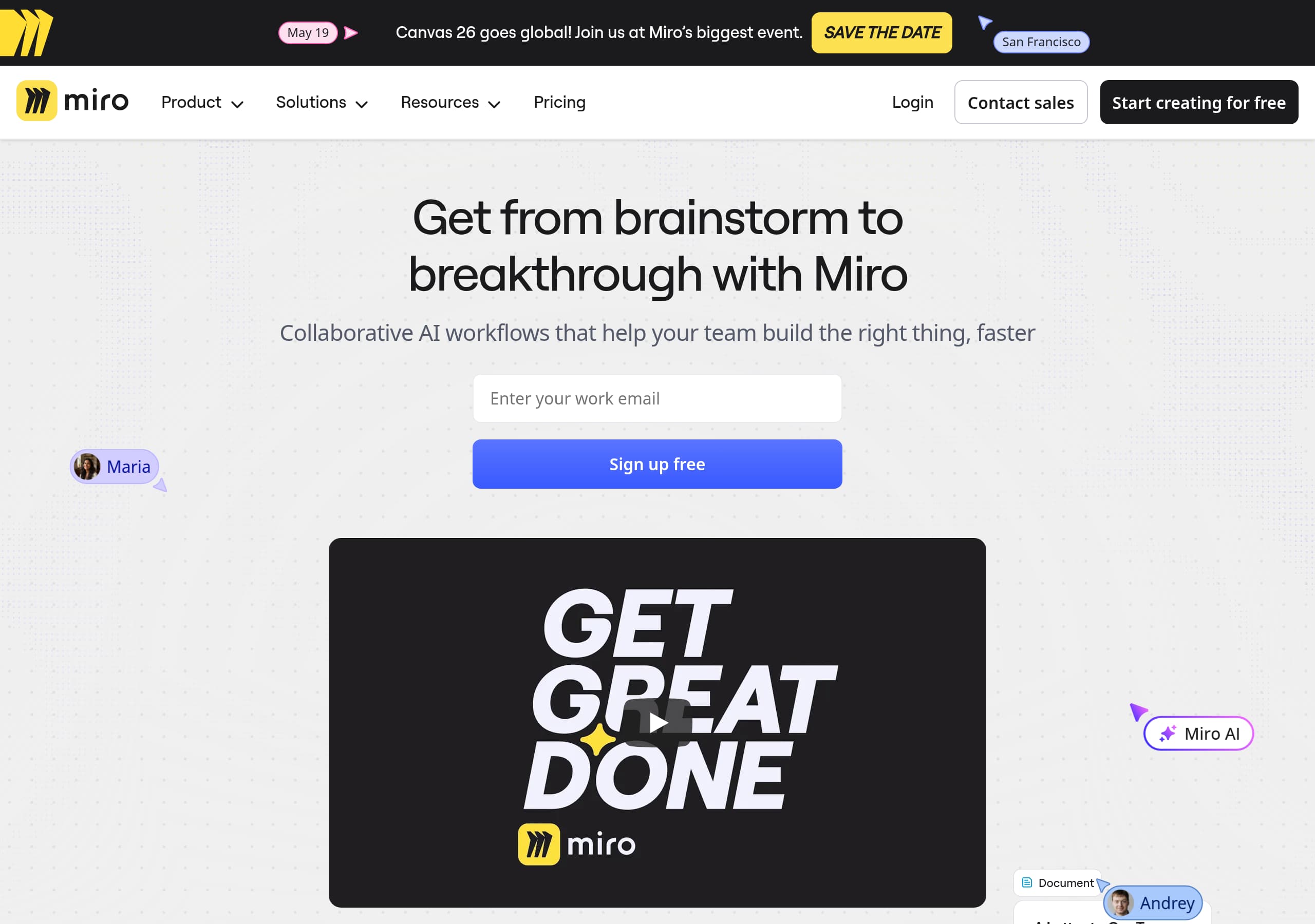 Miro homepage – Website breakdown screenshot Homepage of Miro marketing site – hero and above-the-fold content