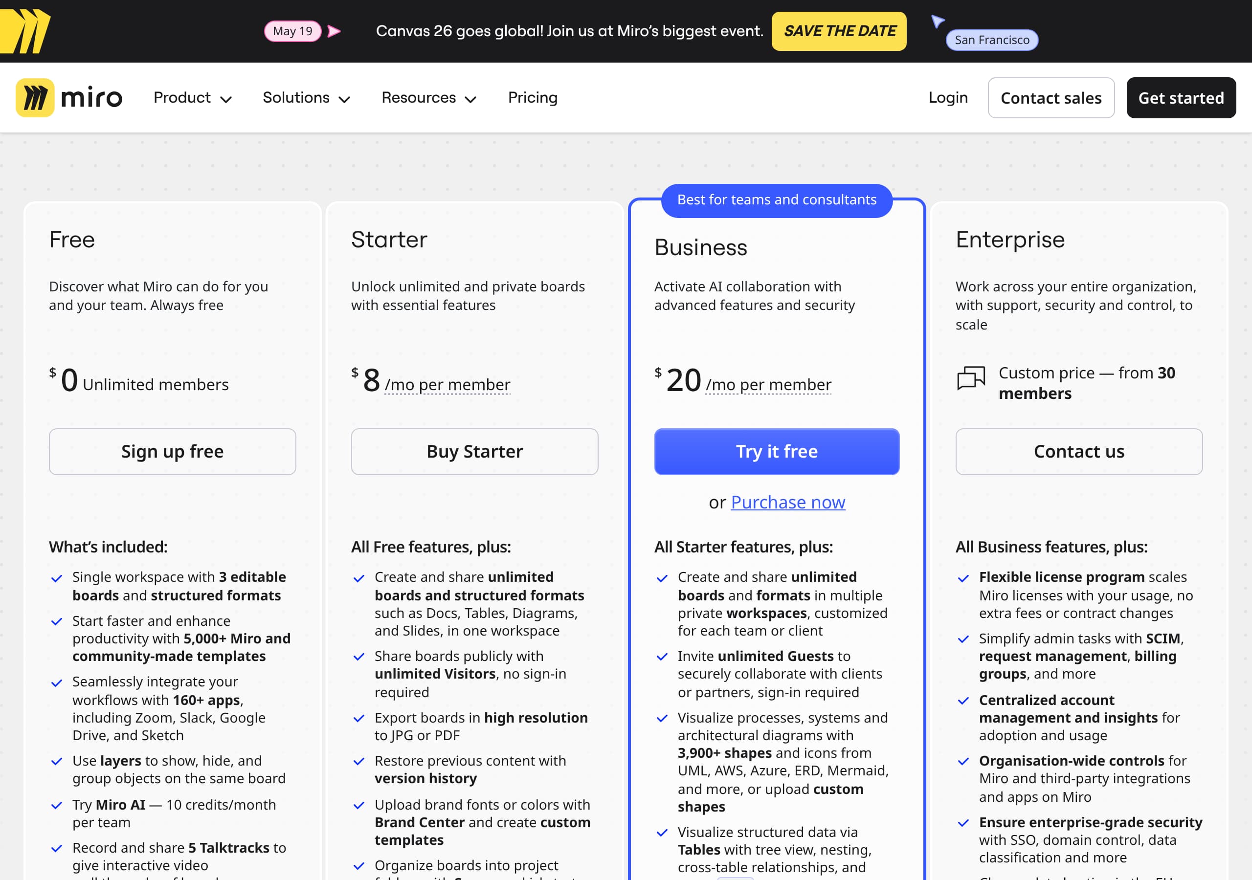 Miro – Pricing screenshot Pricing – Miro website breakdown