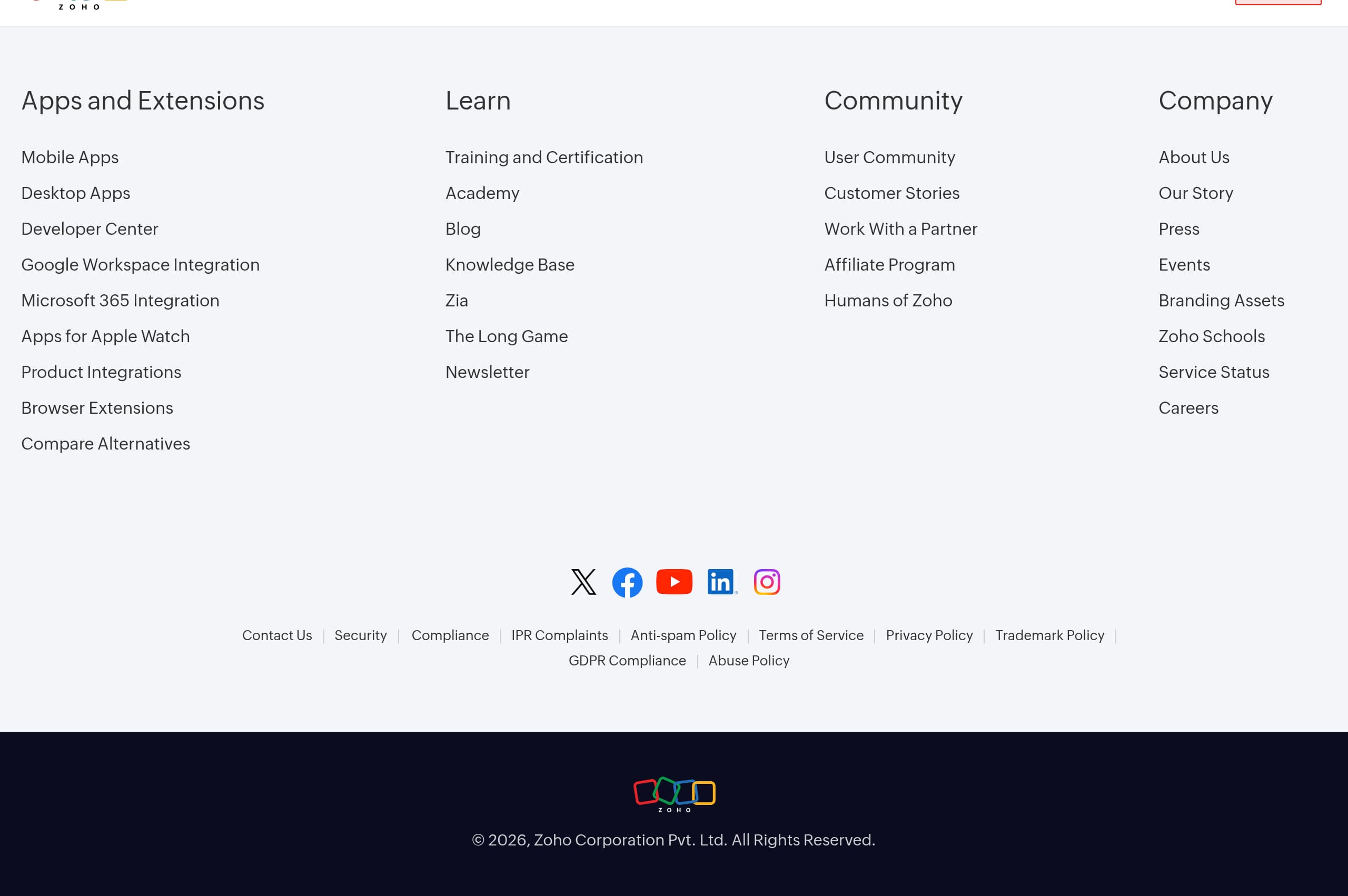Zoho – Footer screenshot Footer – Zoho website breakdown