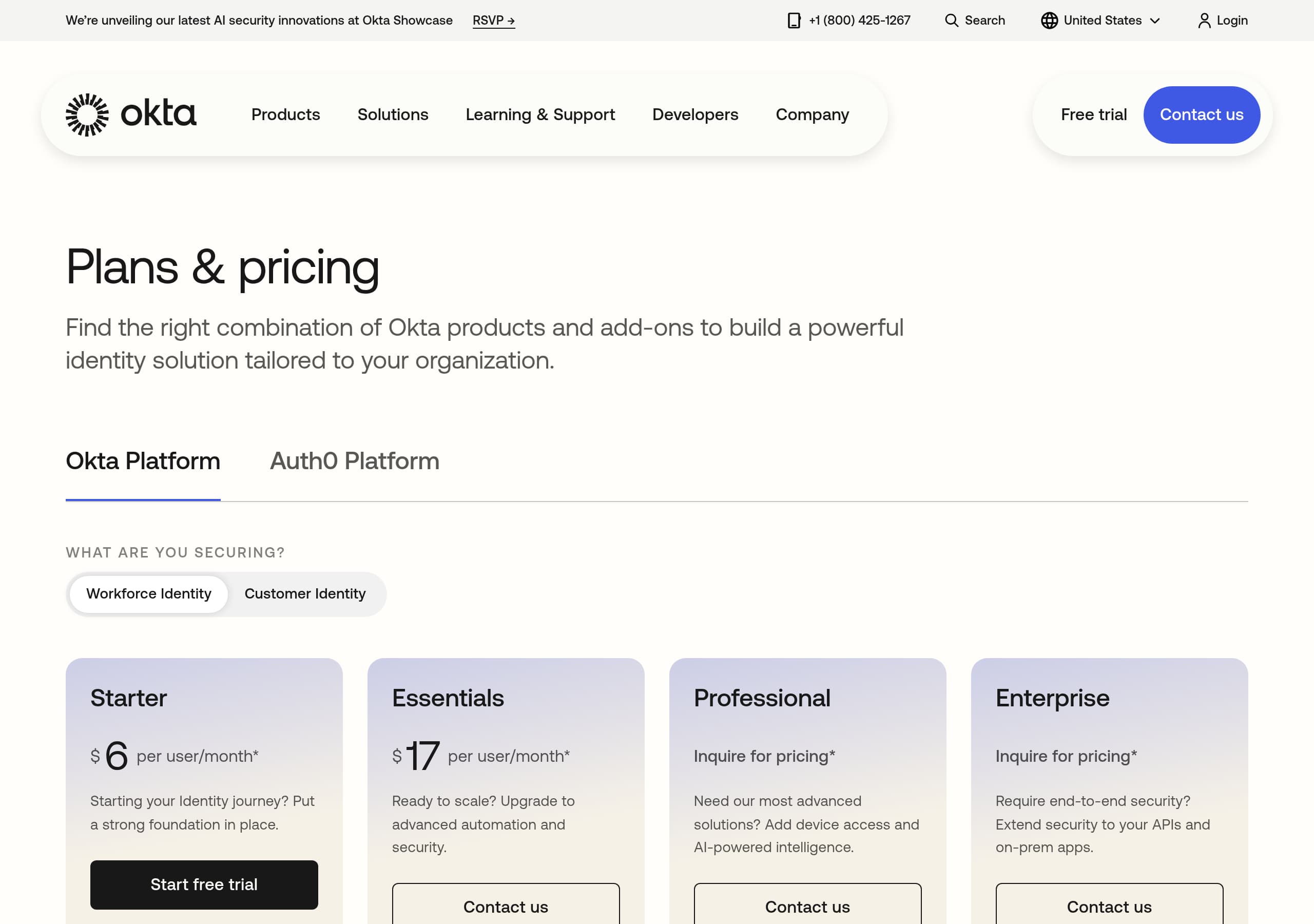 Okta – Pricing screenshot Pricing – Okta website breakdown