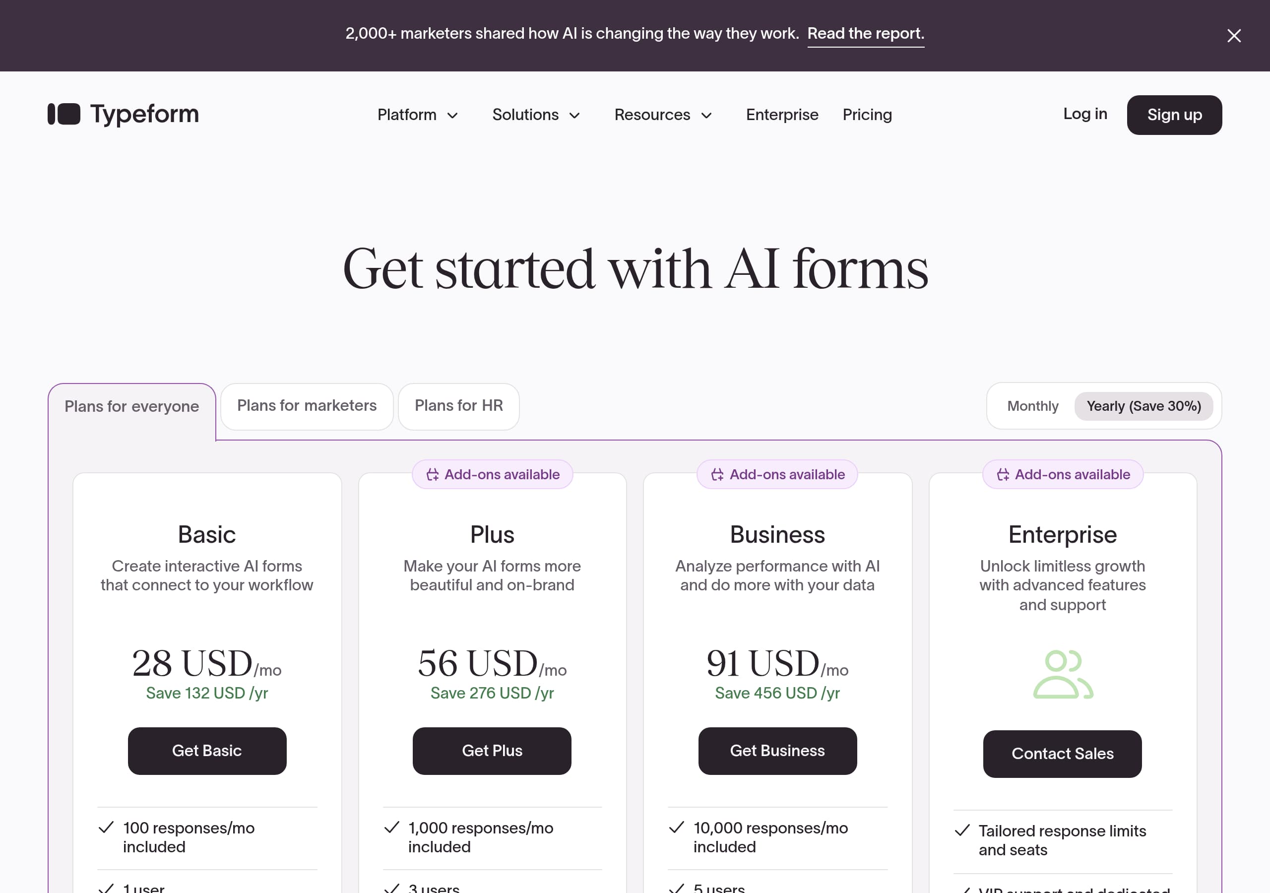 Typeform – Pricing screenshot Pricing – Typeform website breakdown