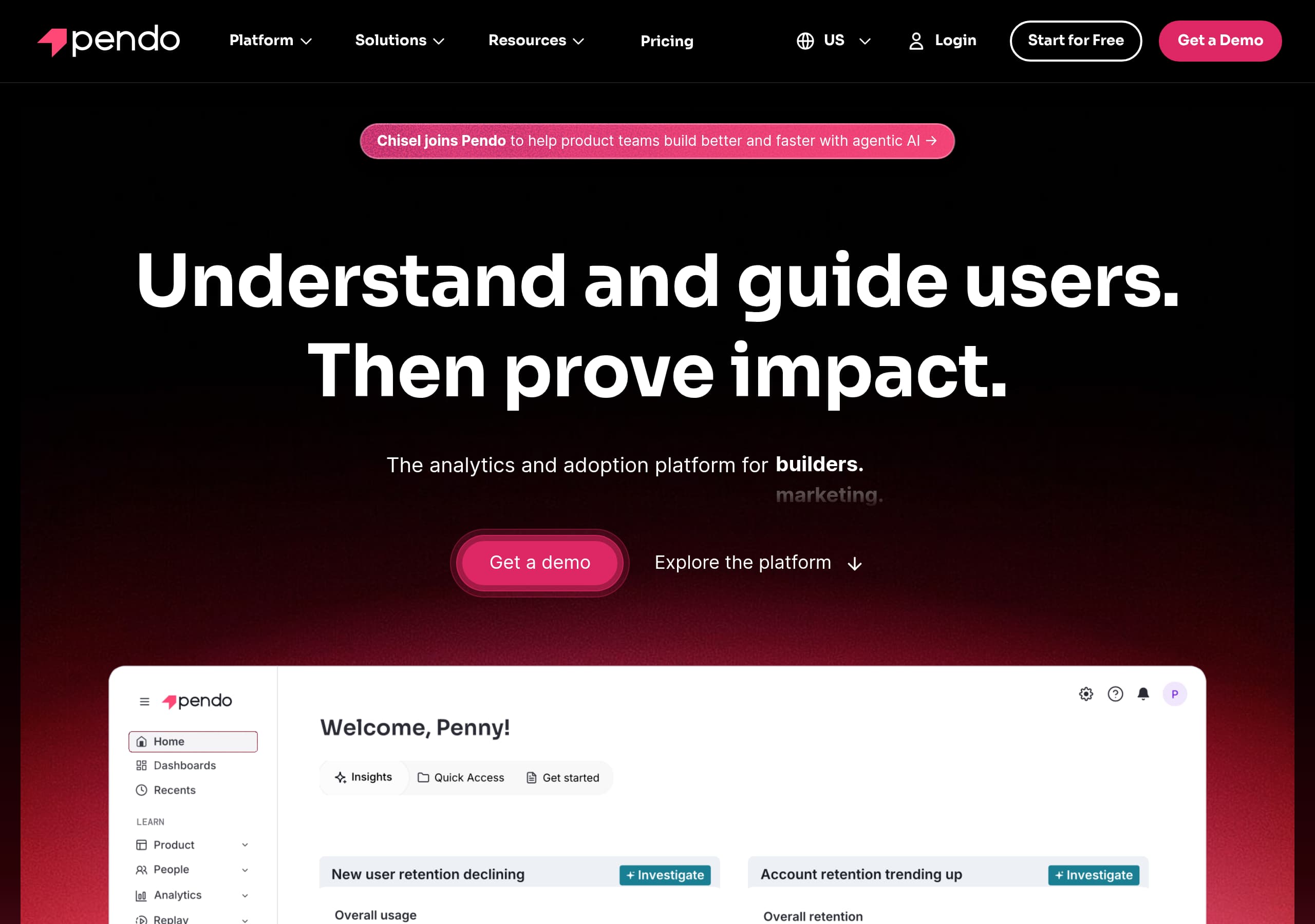 Pendo homepage – Website breakdown screenshot Homepage of Pendo marketing site – hero and above-the-fold content