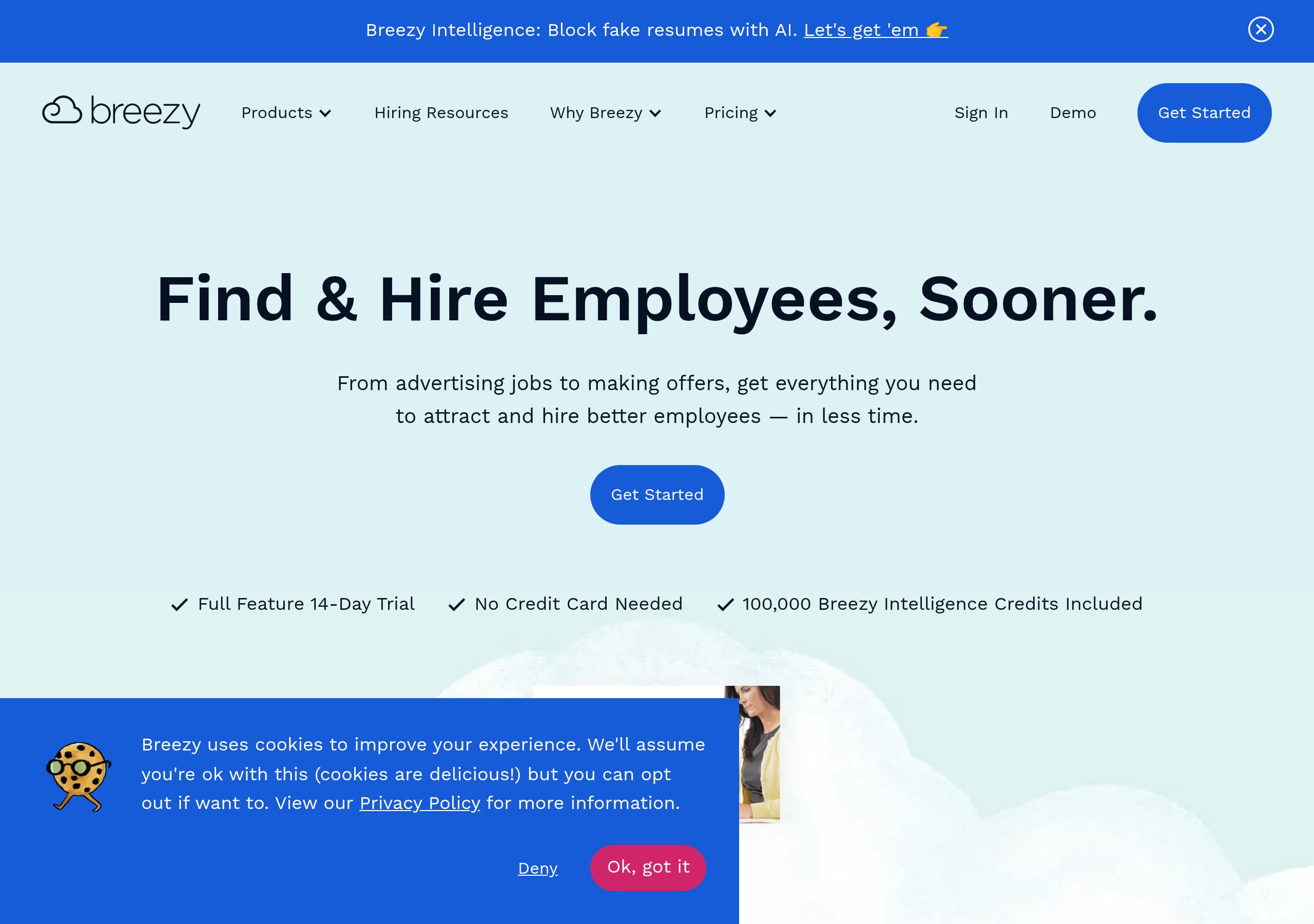 Breezy HR homepage – Website breakdown screenshot Homepage of Breezy HR marketing site – hero and above-the-fold content