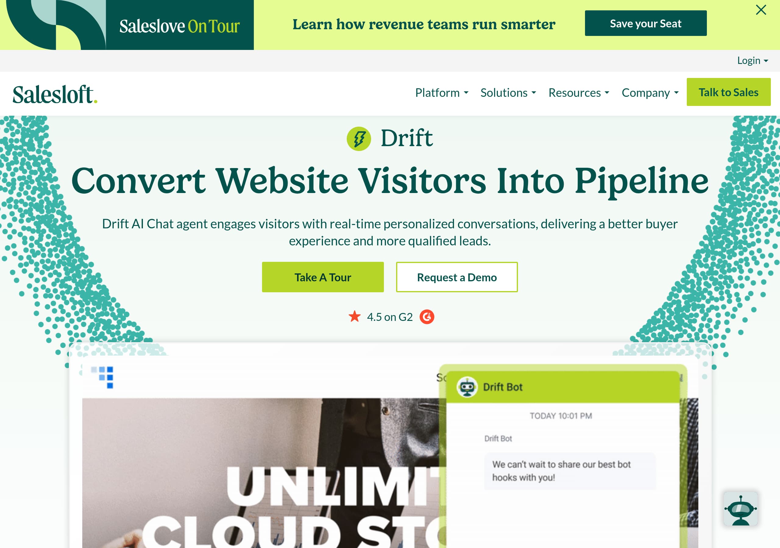 Drift homepage – Website breakdown screenshot Homepage of Drift marketing site – hero and above-the-fold content