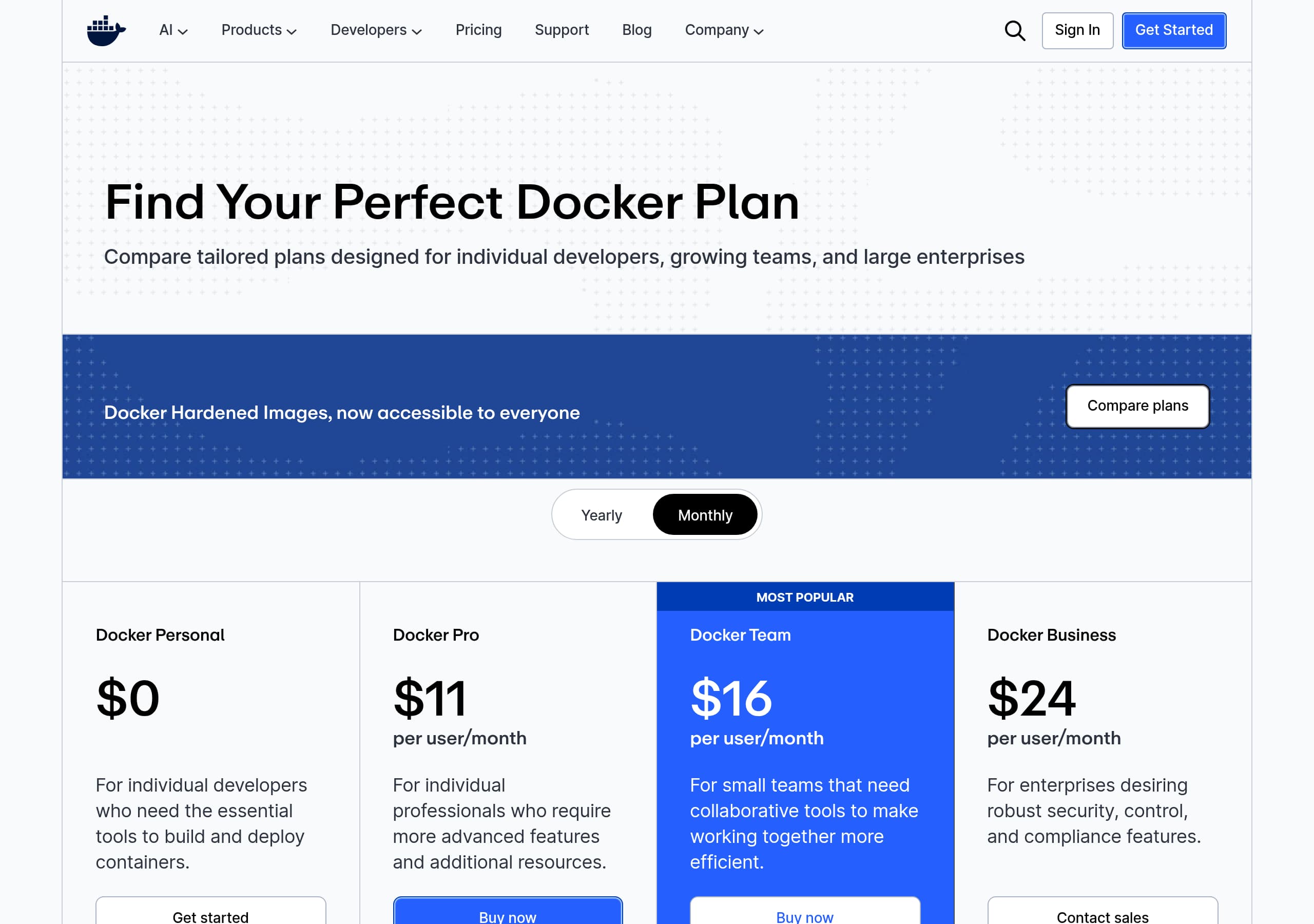 Docker – Pricing screenshot Pricing – Docker website breakdown