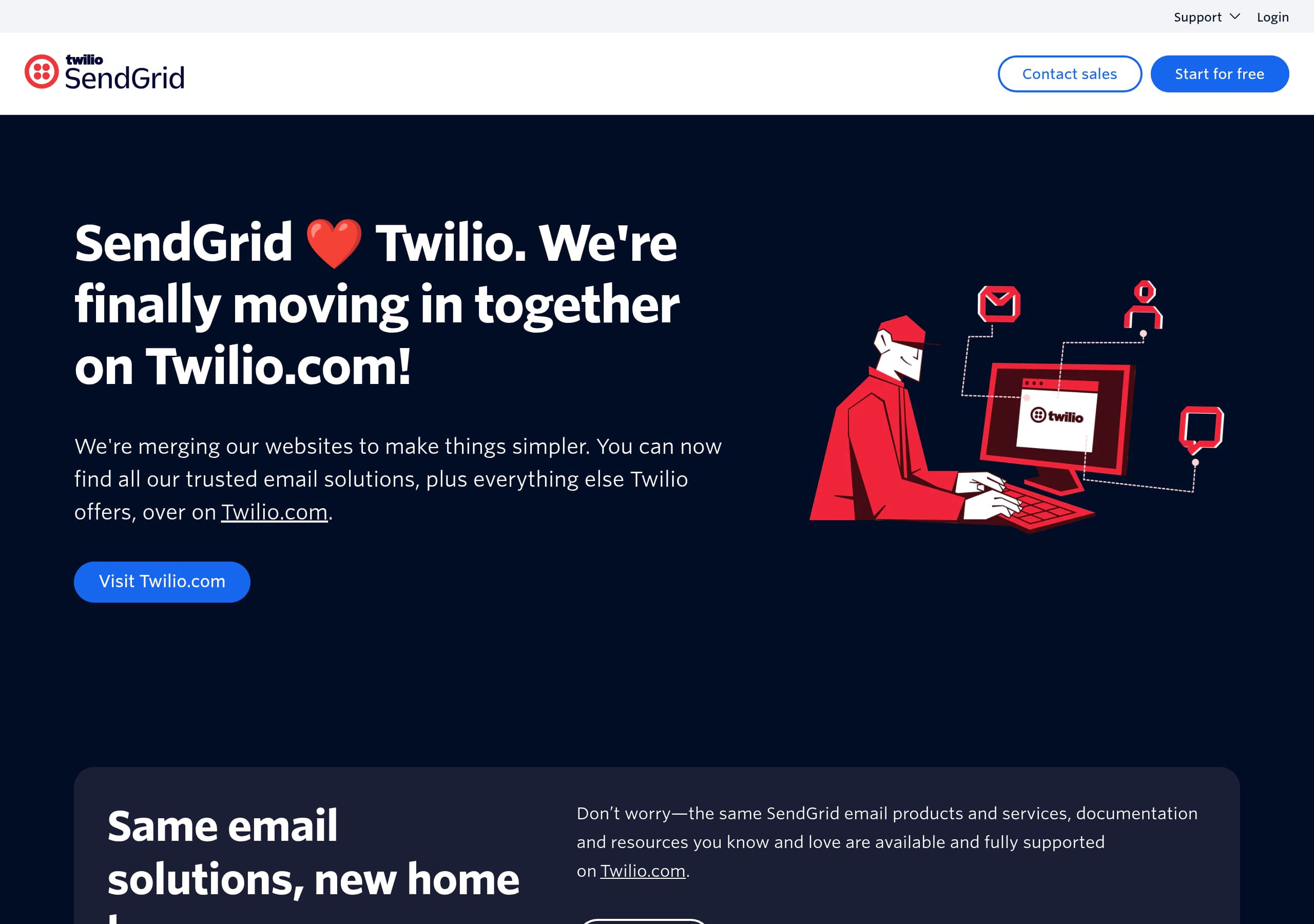 SendGrid homepage – Website breakdown screenshot Homepage of SendGrid marketing site – hero and above-the-fold content