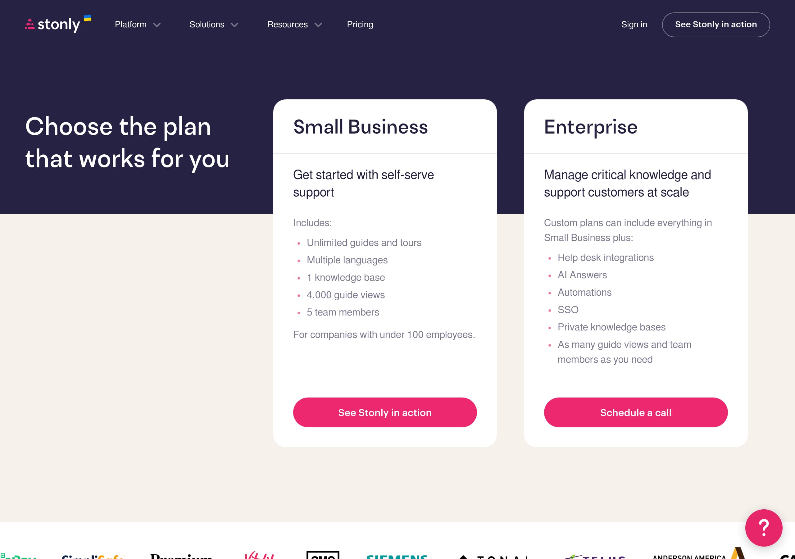 Stonly – Pricing screenshot Pricing – Stonly website breakdown