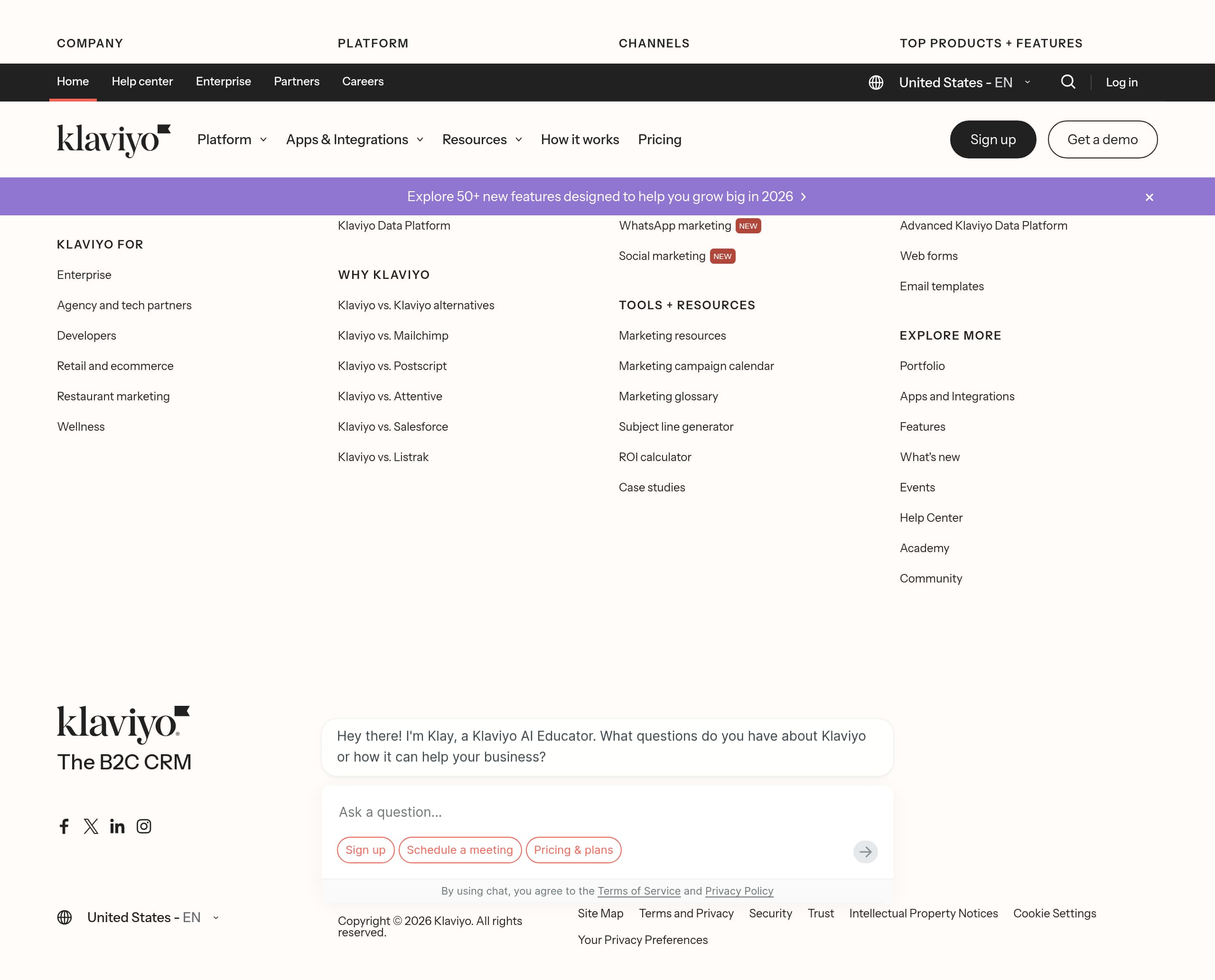 Klaviyo – Footer screenshot Footer – Klaviyo website breakdown