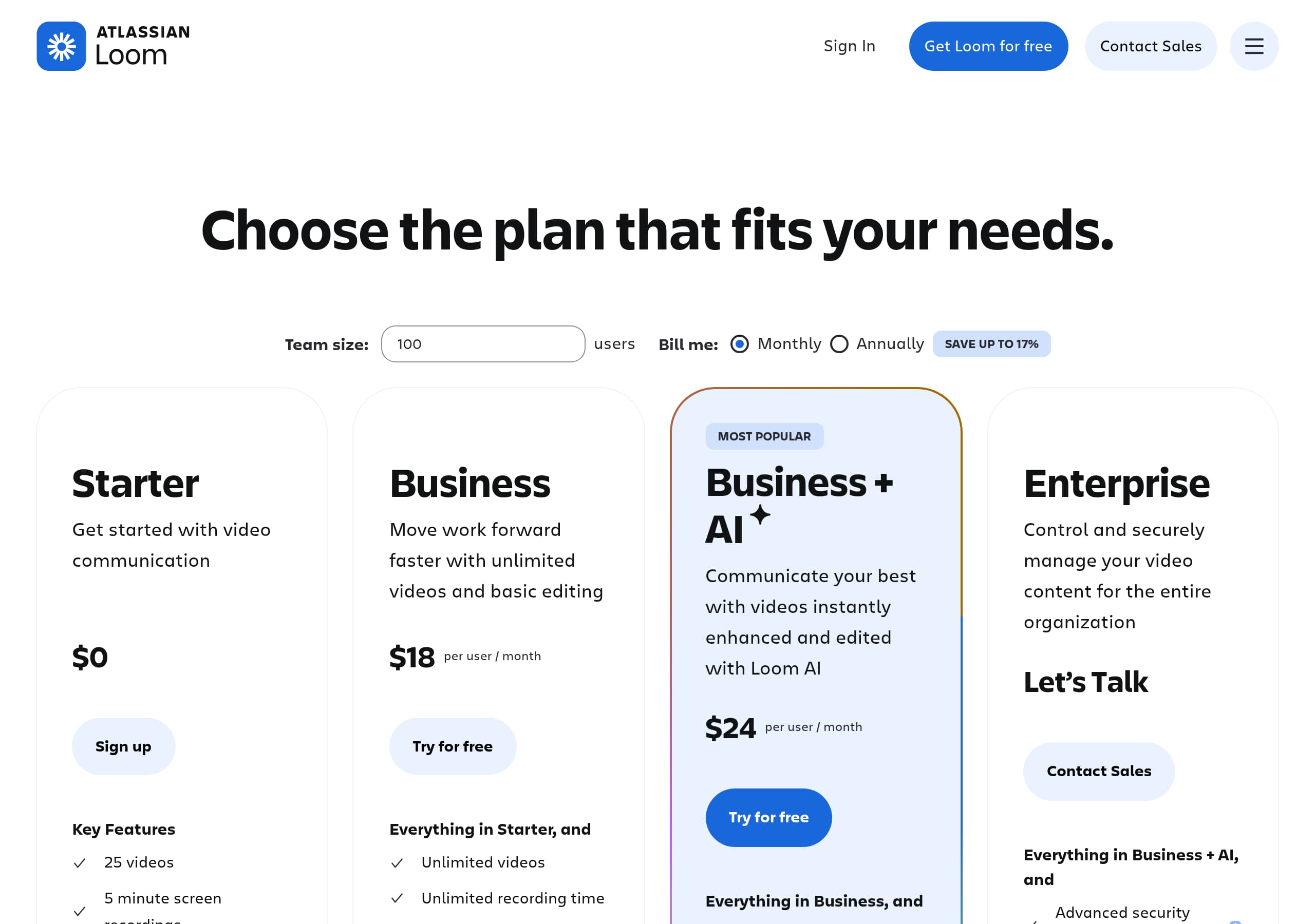Loom – Pricing screenshot Pricing – Loom website breakdown