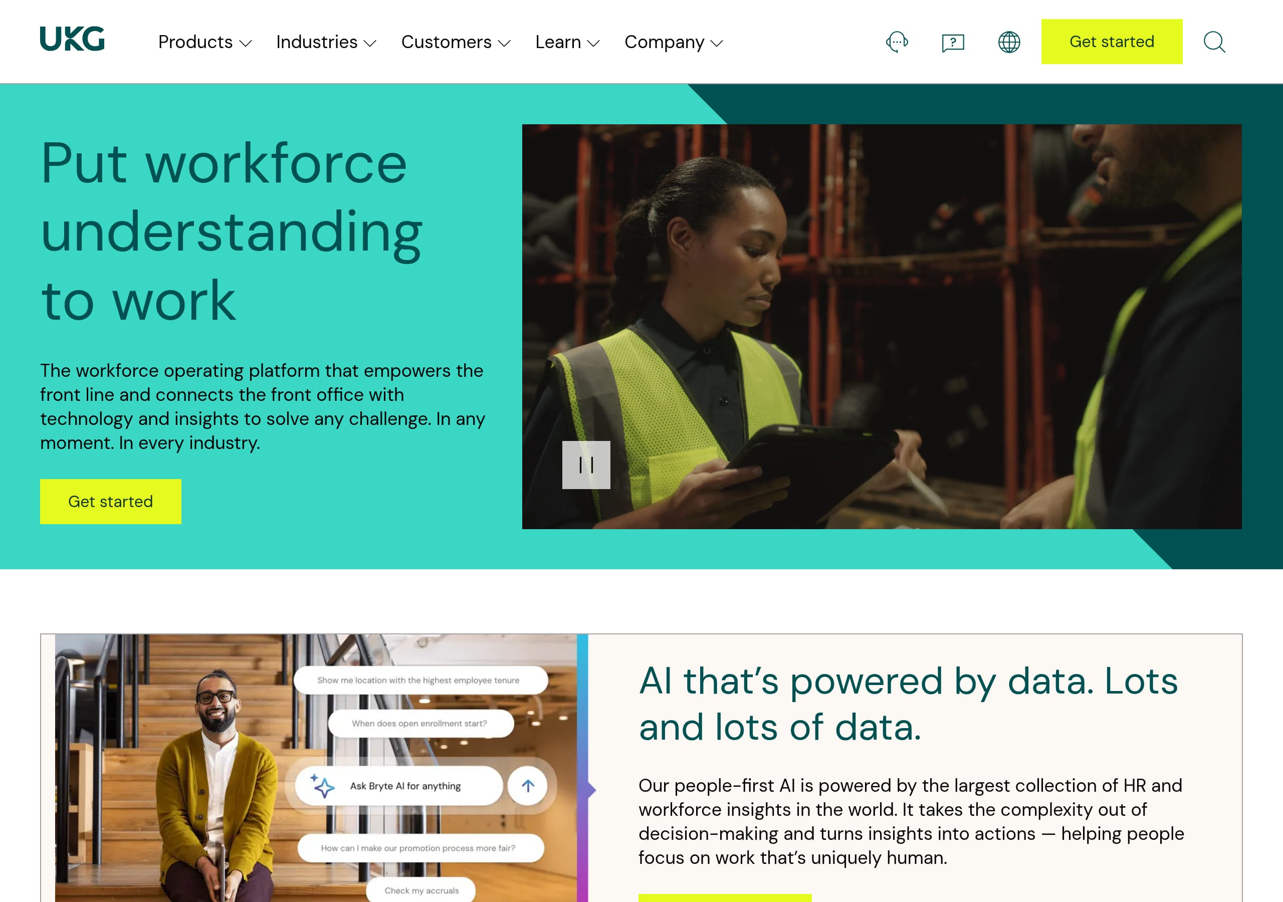 UKG homepage – Website breakdown screenshot Homepage of UKG marketing site – hero and above-the-fold content