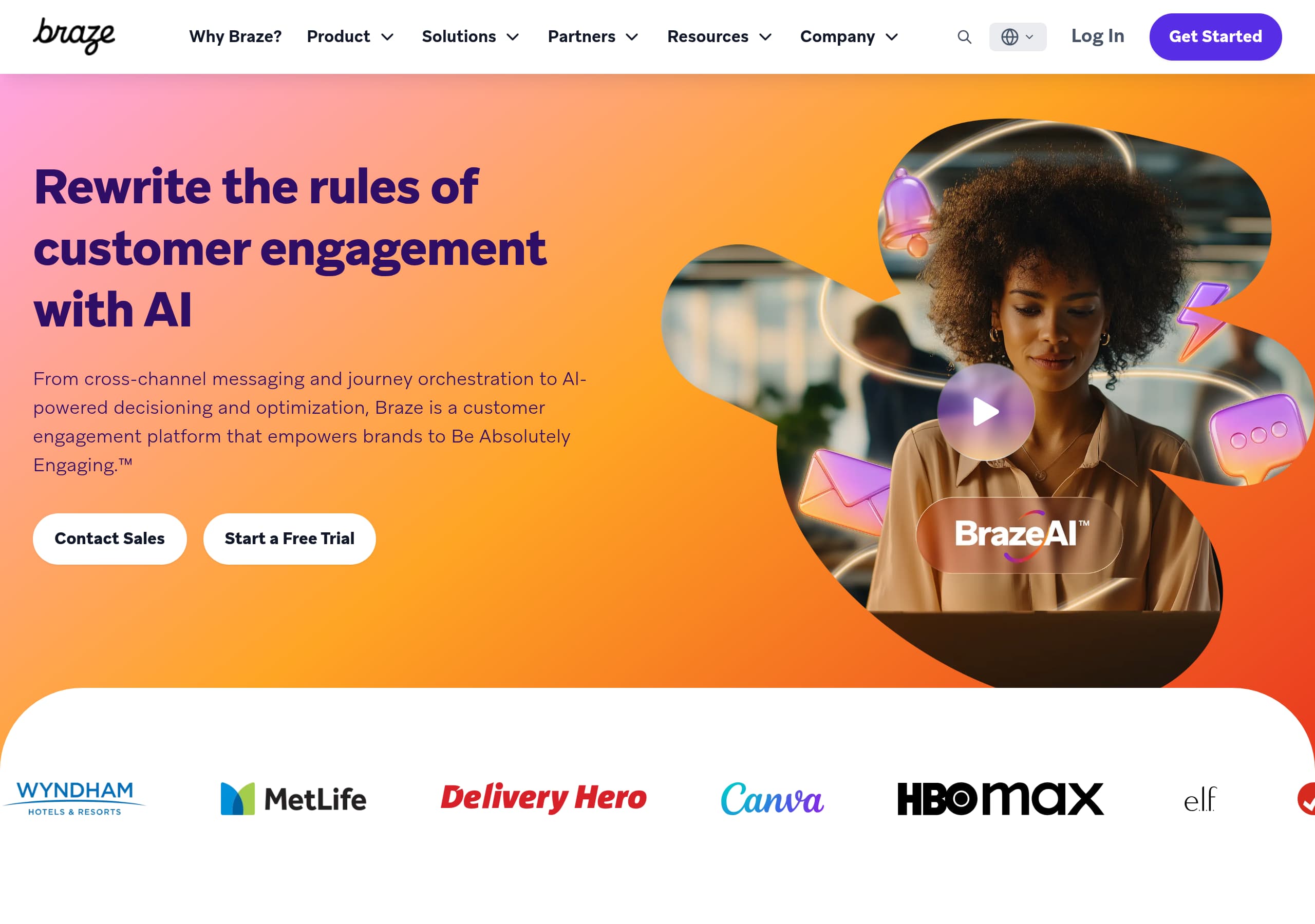 Braze homepage – Website breakdown screenshot Homepage of Braze marketing site – hero and above-the-fold content