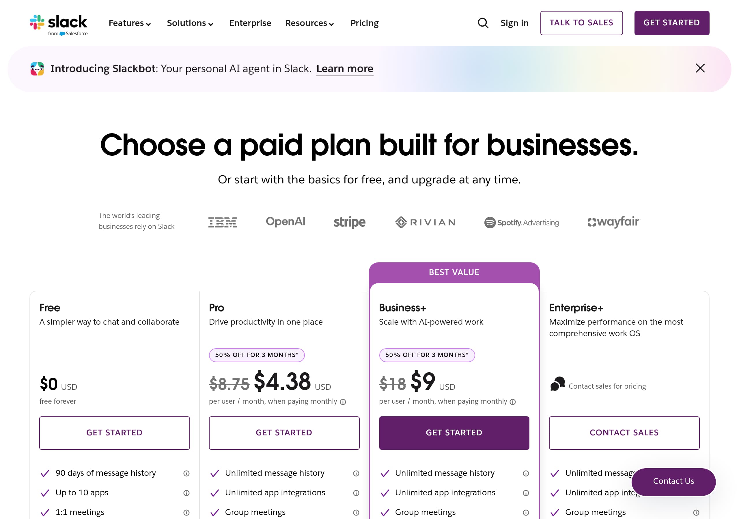 Slack – Pricing screenshot Pricing – Slack website breakdown