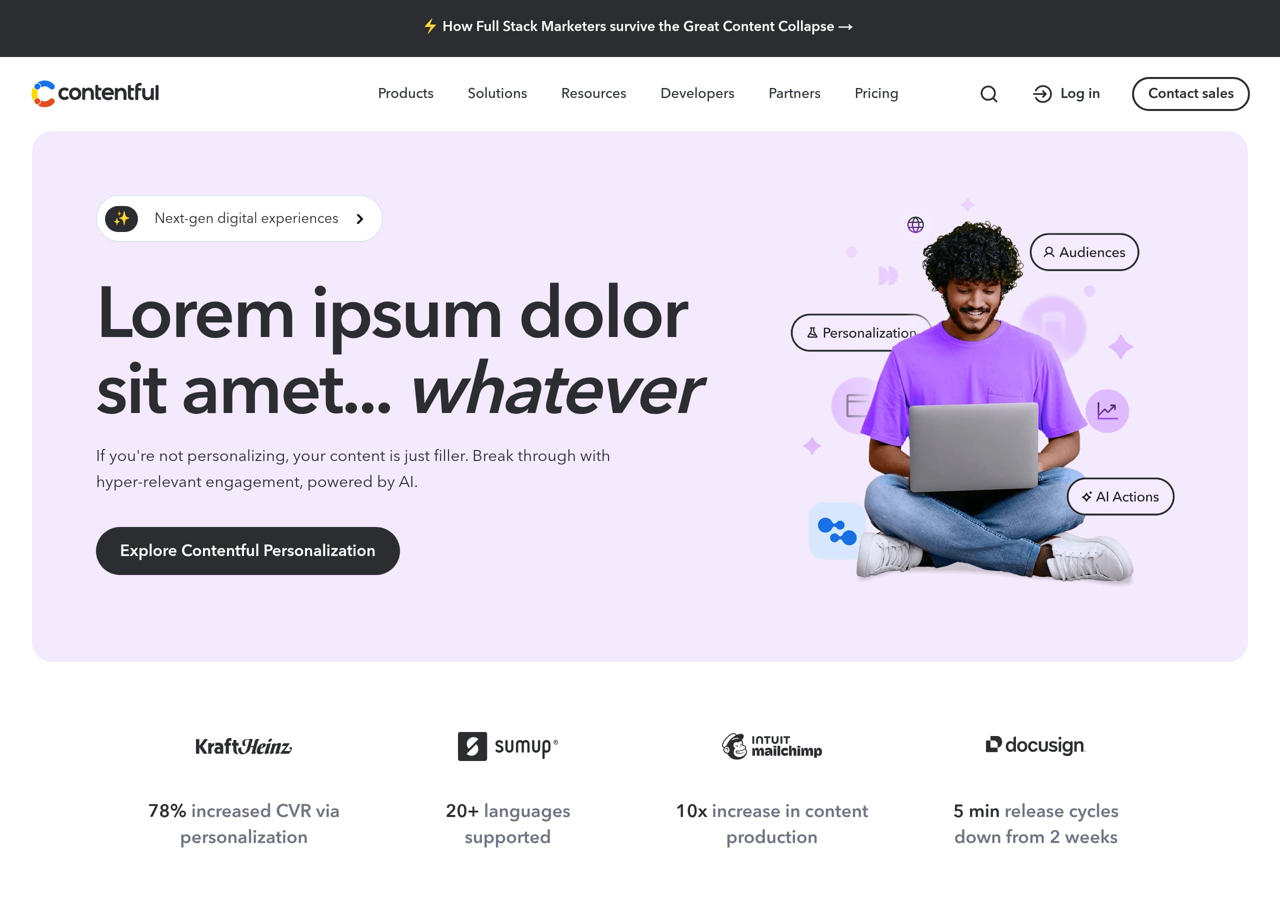 Contentful homepage – Website breakdown screenshot Homepage of Contentful marketing site – hero and above-the-fold content