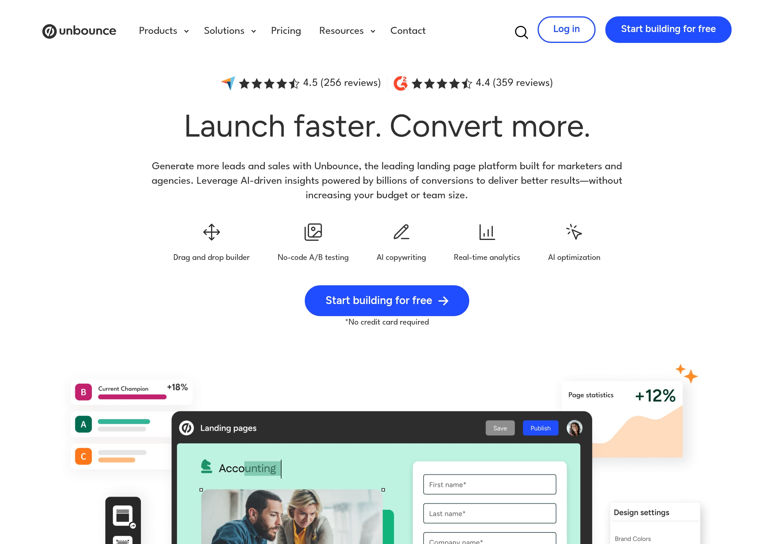 Unbounce homepage – Website breakdown screenshot Homepage of Unbounce marketing site – hero and above-the-fold content