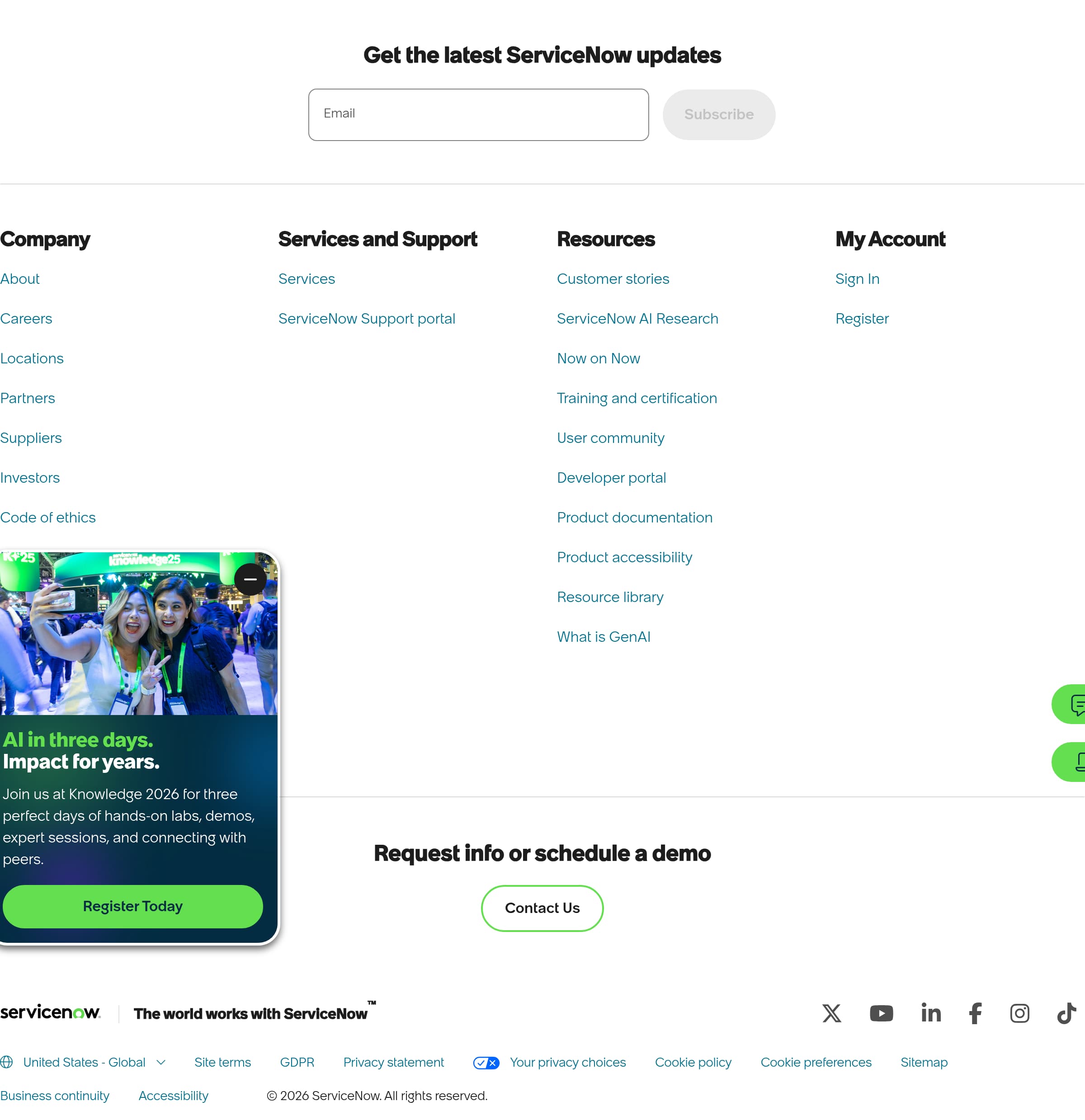 ServiceNow – Footer screenshot Footer – ServiceNow website breakdown