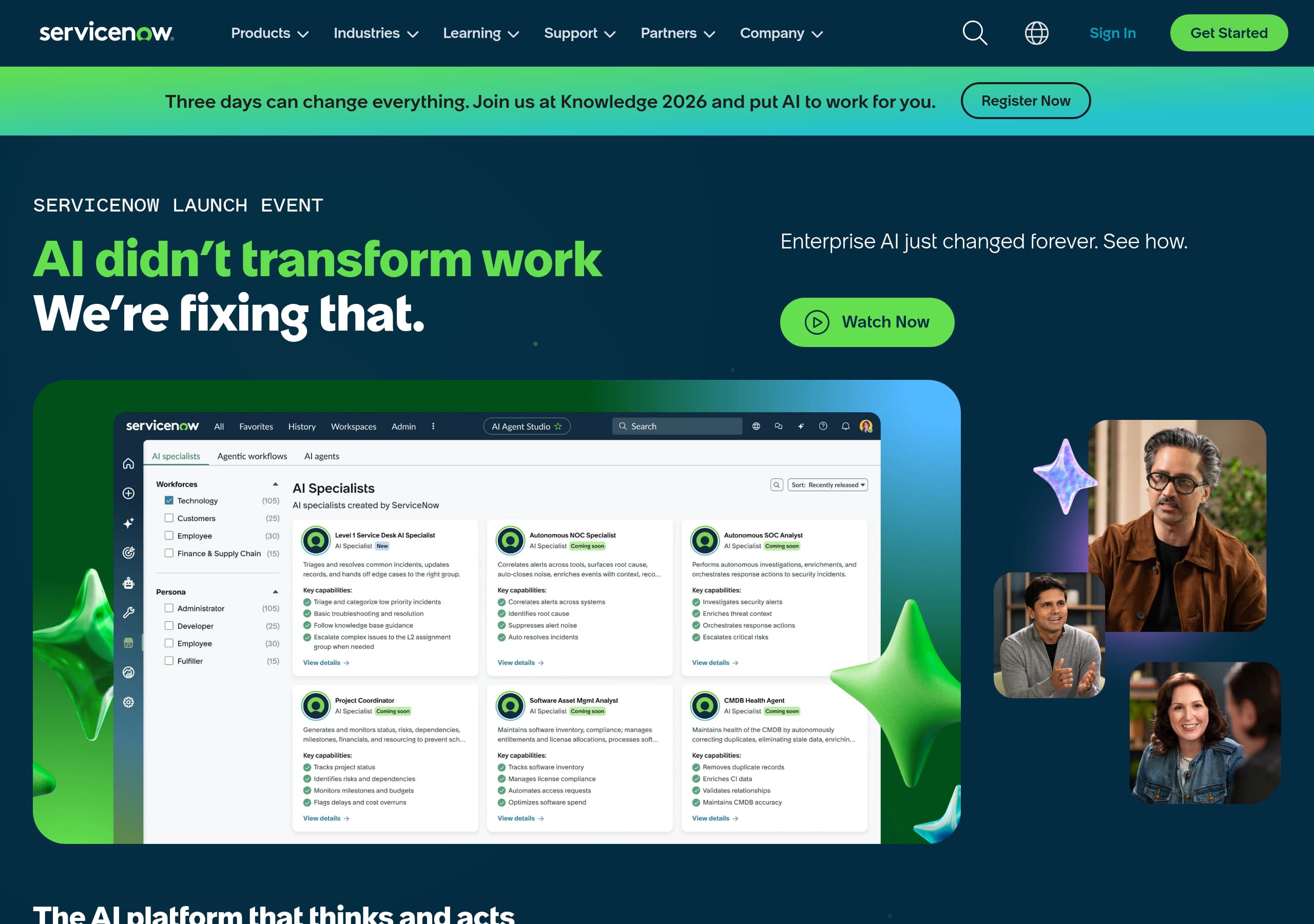 ServiceNow homepage – Website breakdown screenshot Homepage of ServiceNow marketing site – hero and above-the-fold content