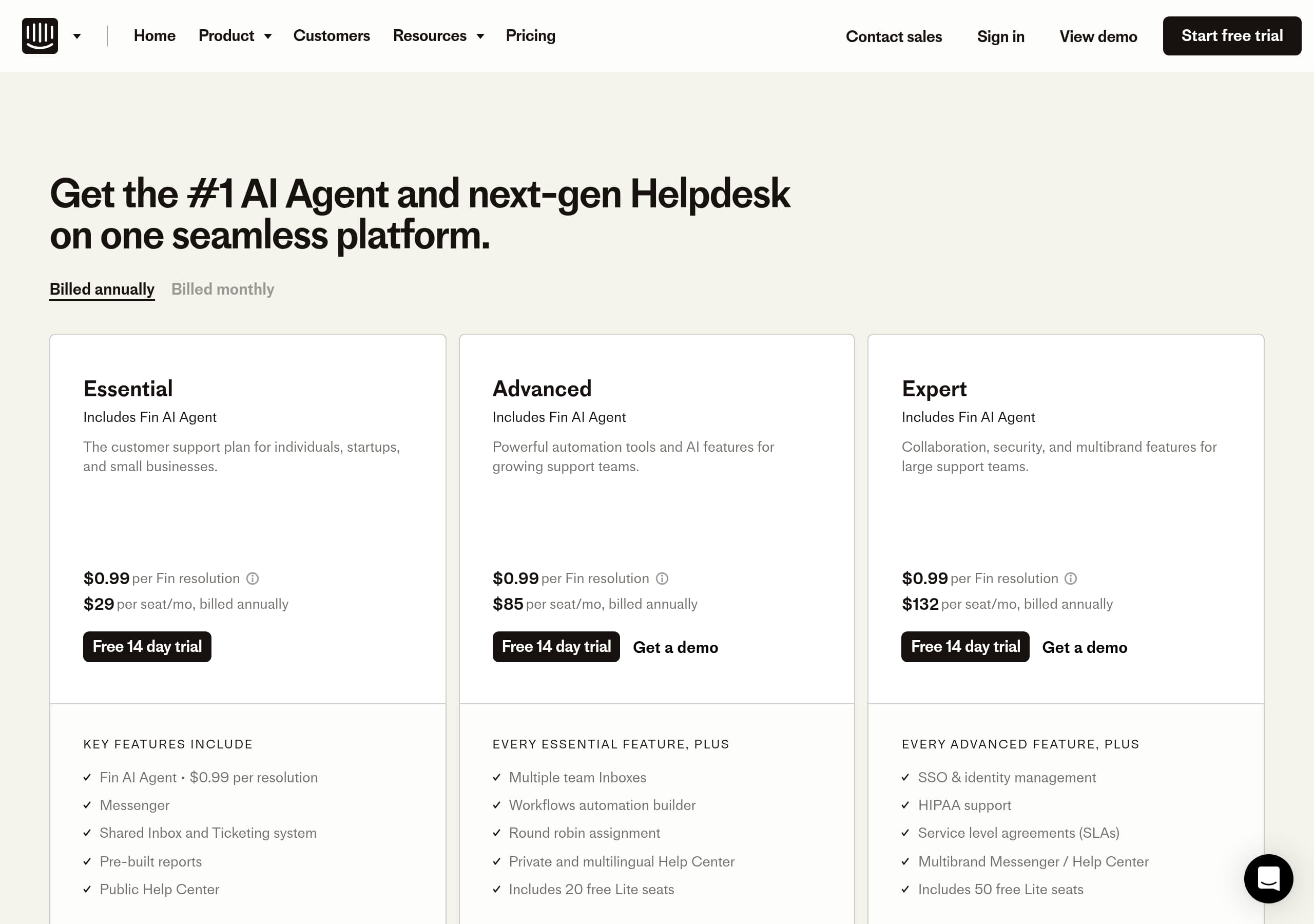 Intercom – Pricing screenshot Pricing – Intercom website breakdown