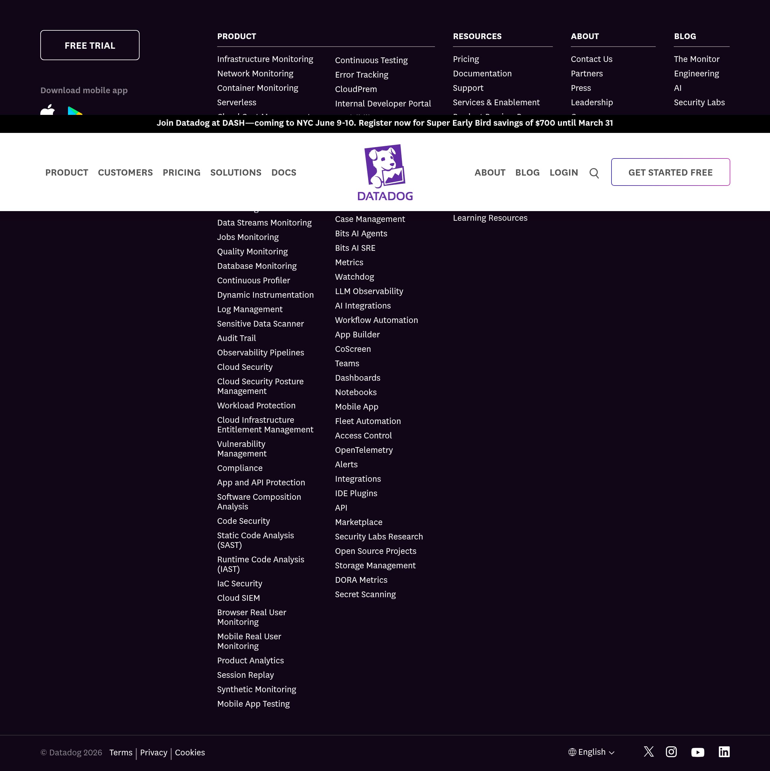 Datadog – Footer screenshot Footer – Datadog website breakdown