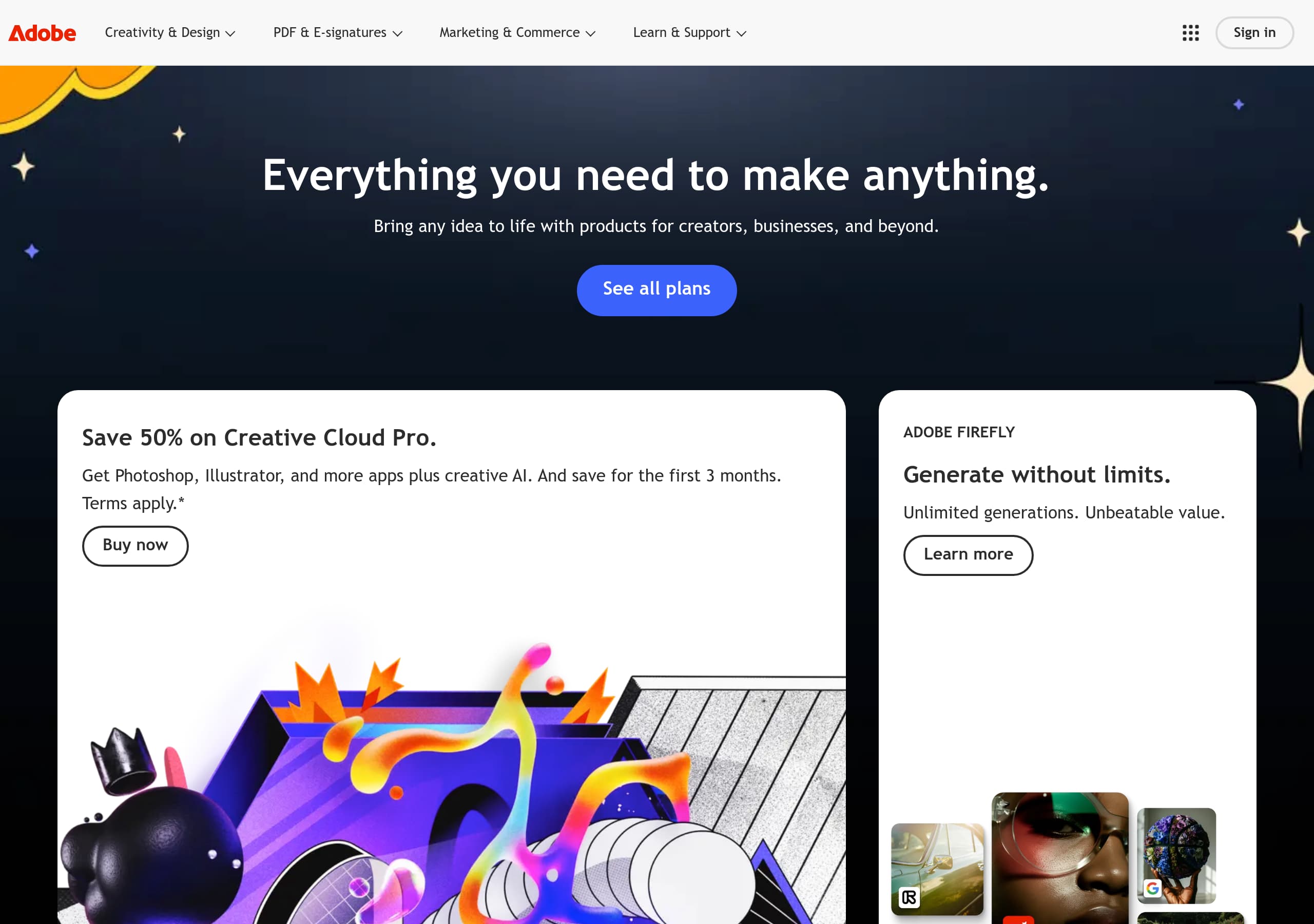 Adobe Creative Cloud homepage – Website breakdown screenshot Homepage of Adobe Creative Cloud marketing site – hero and above-the-fold content