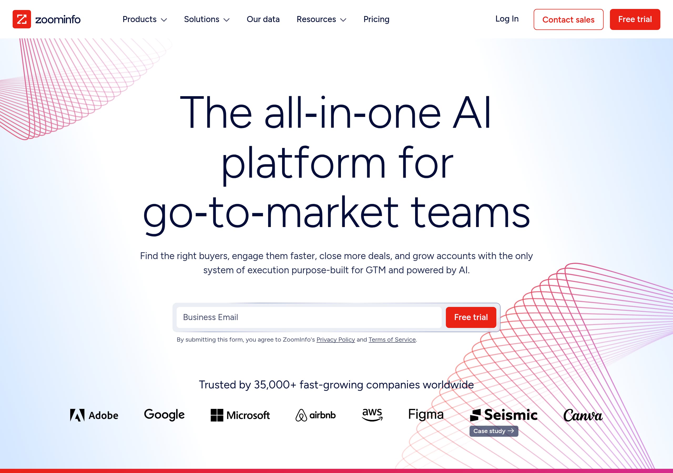ZoomInfo homepage – Website breakdown screenshot Homepage of ZoomInfo marketing site – hero and above-the-fold content