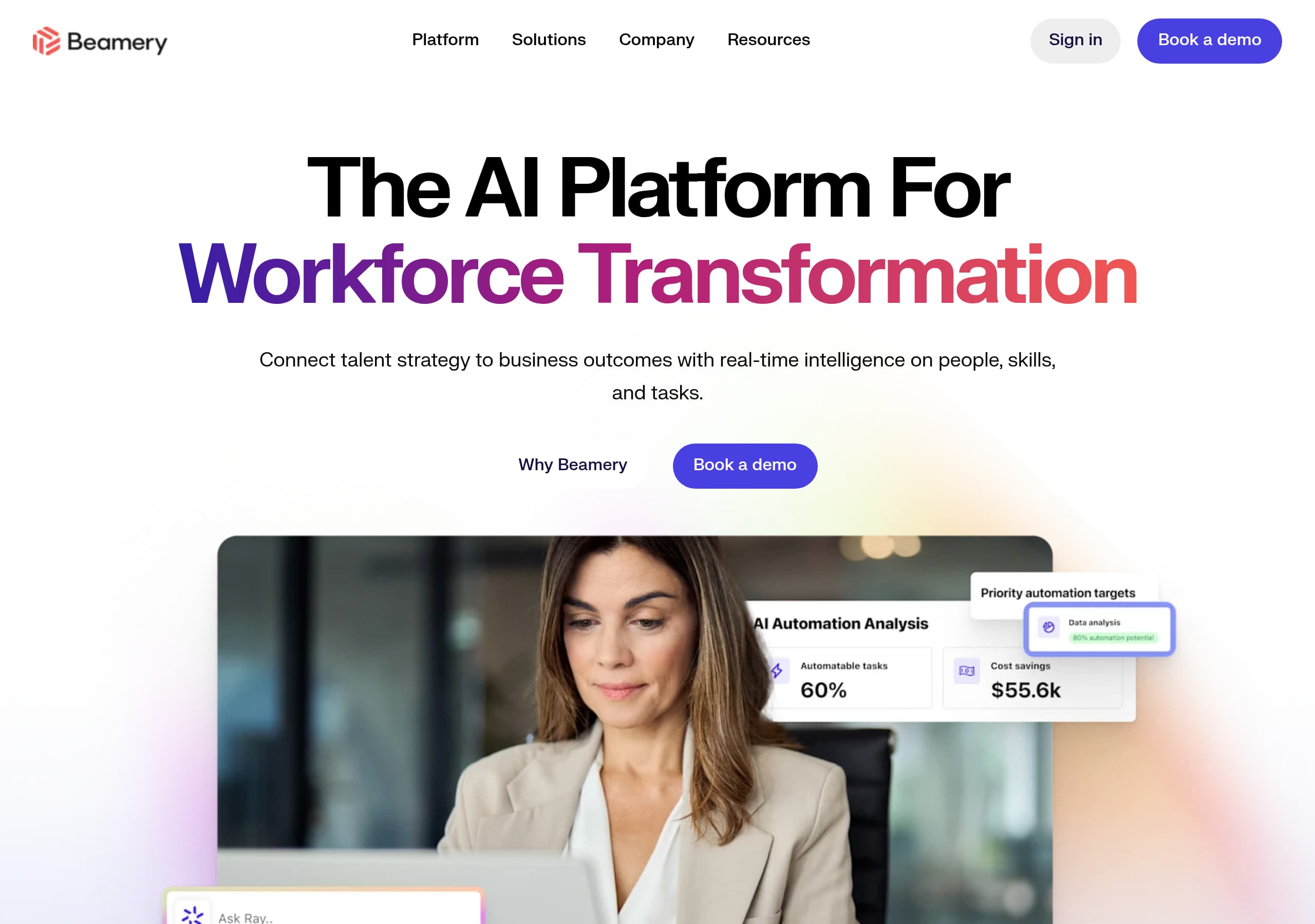 Beamery homepage – Website breakdown screenshot Homepage of Beamery marketing site – hero and above-the-fold content