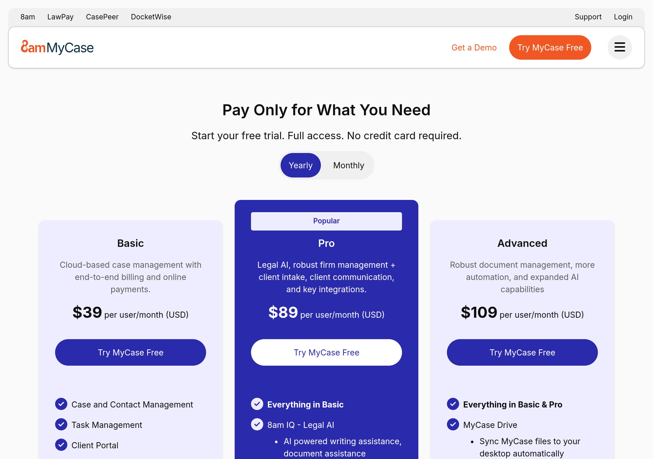 MyCase – Pricing screenshot Pricing – MyCase website breakdown