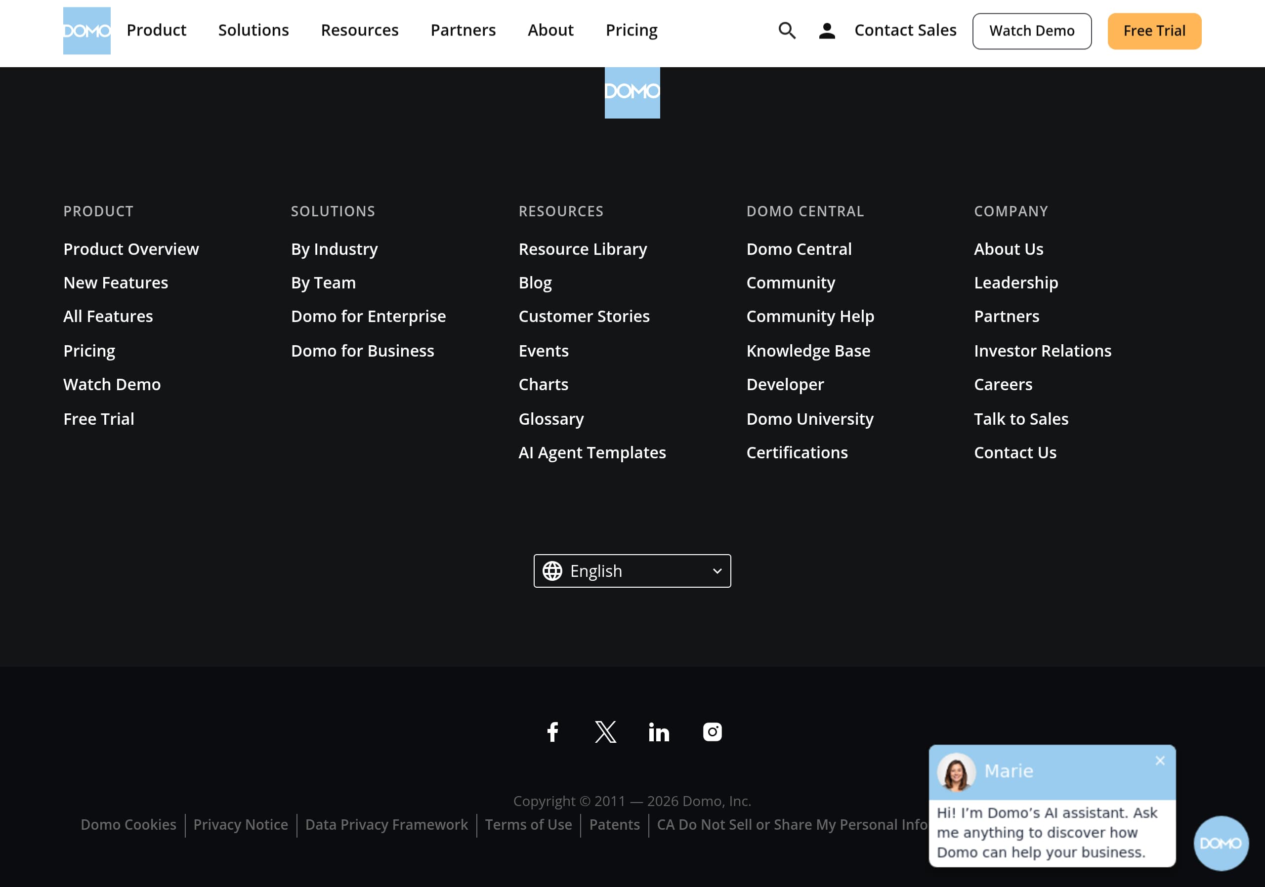 Domo – Footer screenshot Footer – Domo website breakdown
