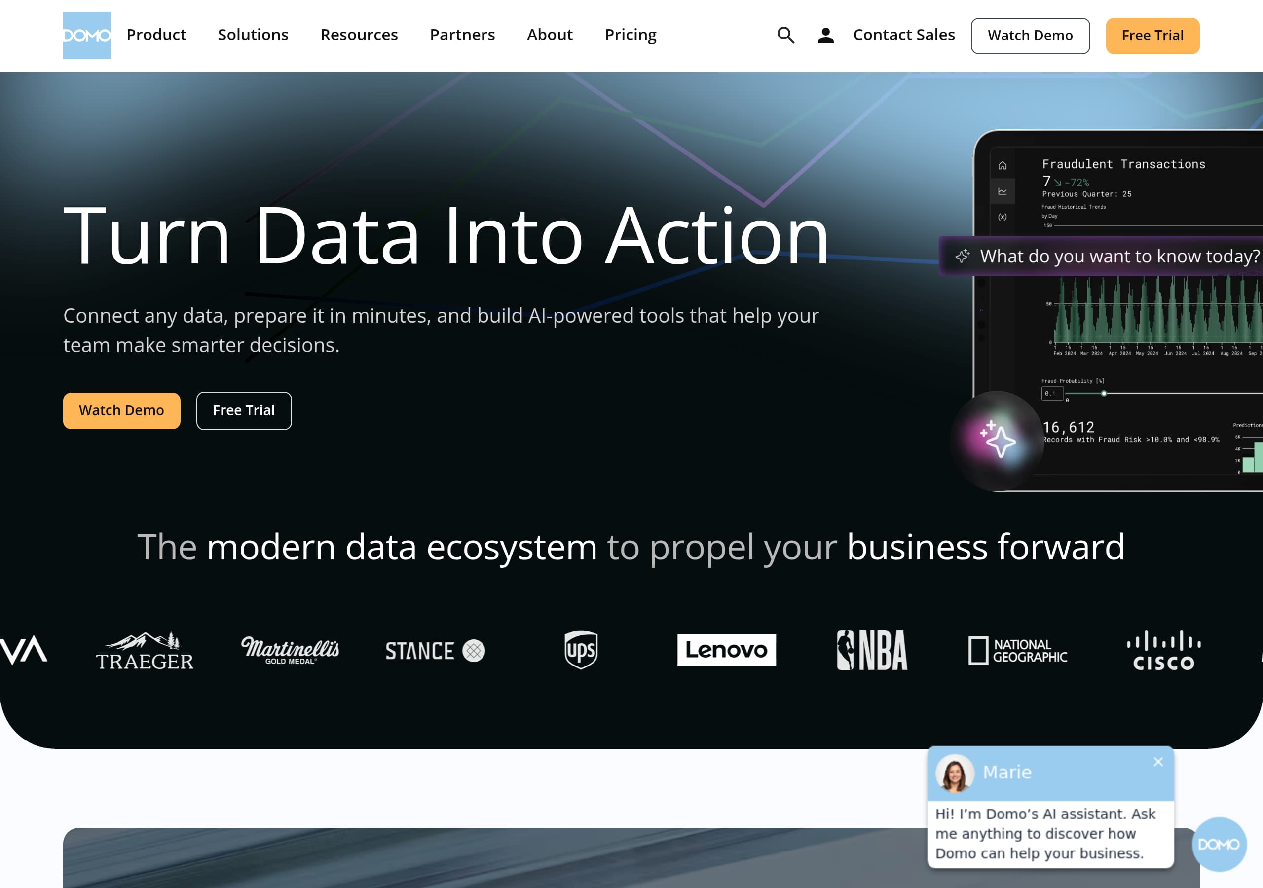 Domo homepage – Website breakdown screenshot Homepage of Domo marketing site – hero and above-the-fold content