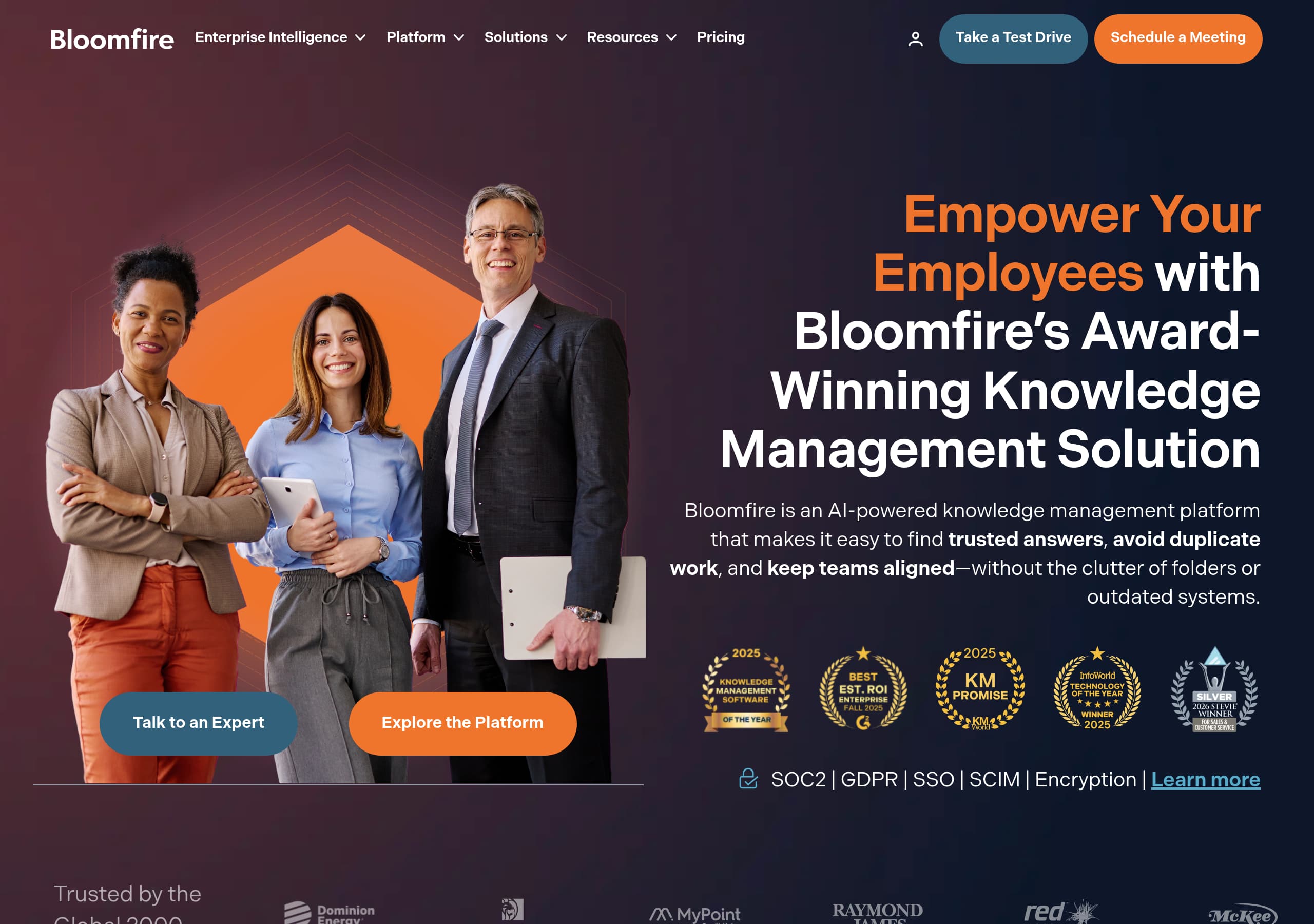 Bloomfire homepage – Website breakdown screenshot Homepage of Bloomfire marketing site – hero and above-the-fold content