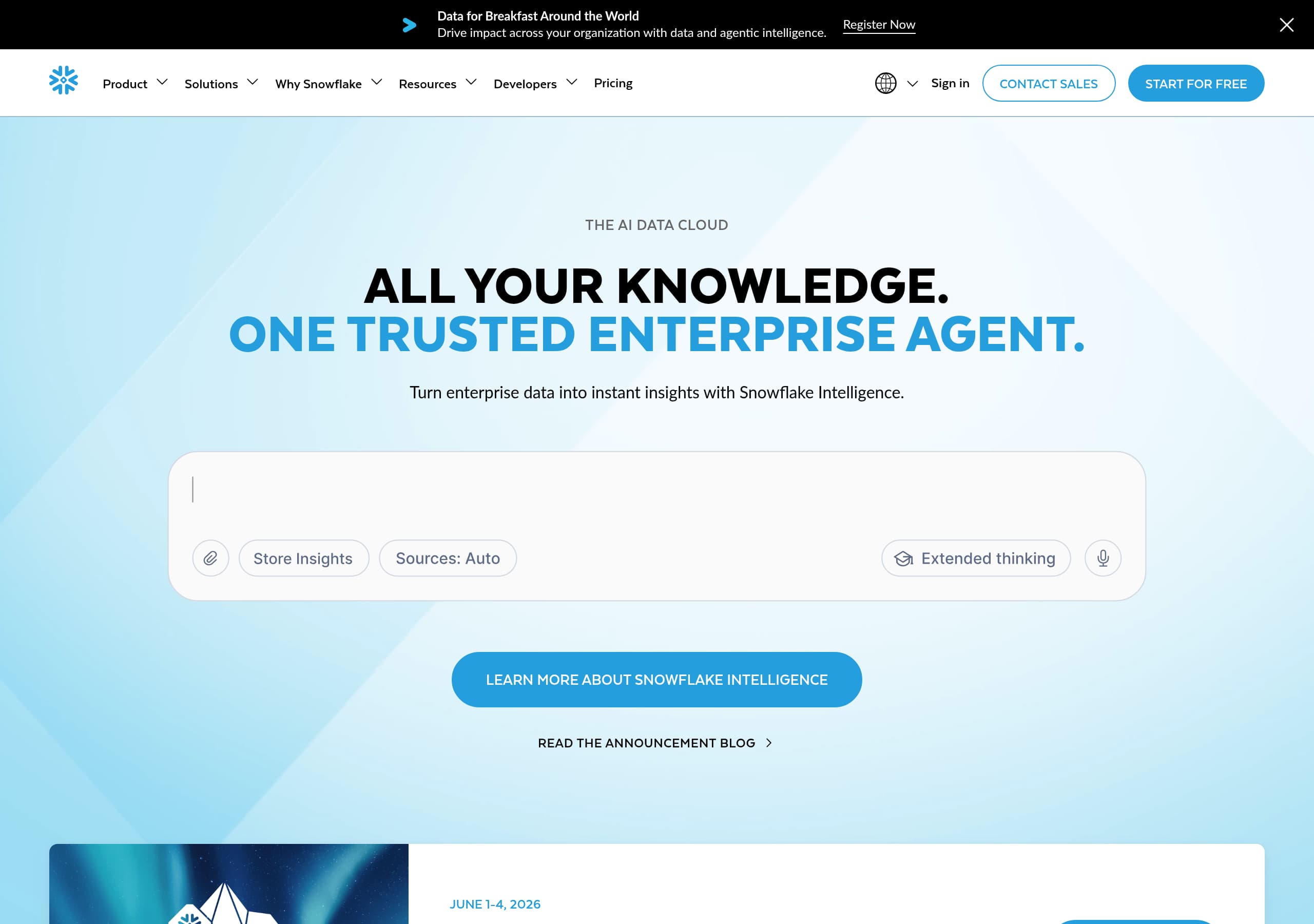 Snowflake homepage – Website breakdown screenshot Homepage of Snowflake marketing site – hero and above-the-fold content