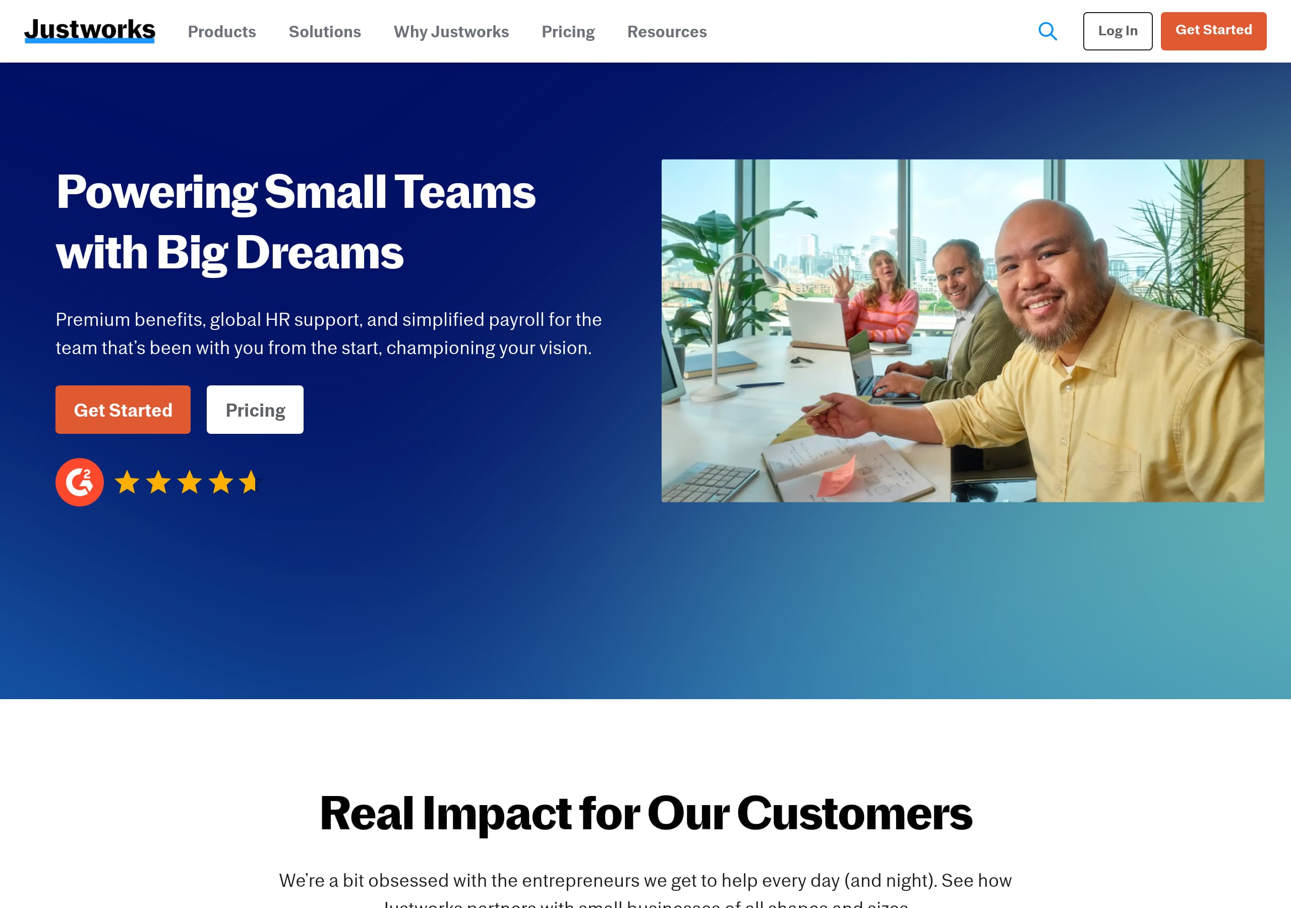 Justworks homepage – Website breakdown screenshot Homepage of Justworks marketing site – hero and above-the-fold content