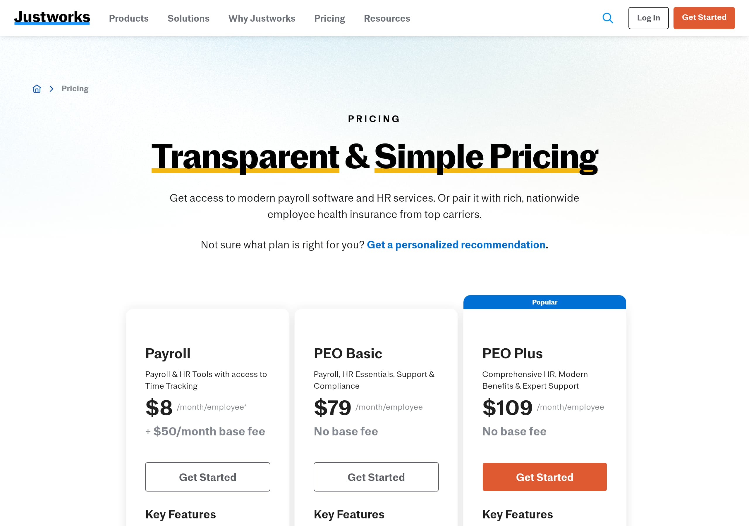 Justworks – Pricing screenshot Pricing – Justworks website breakdown