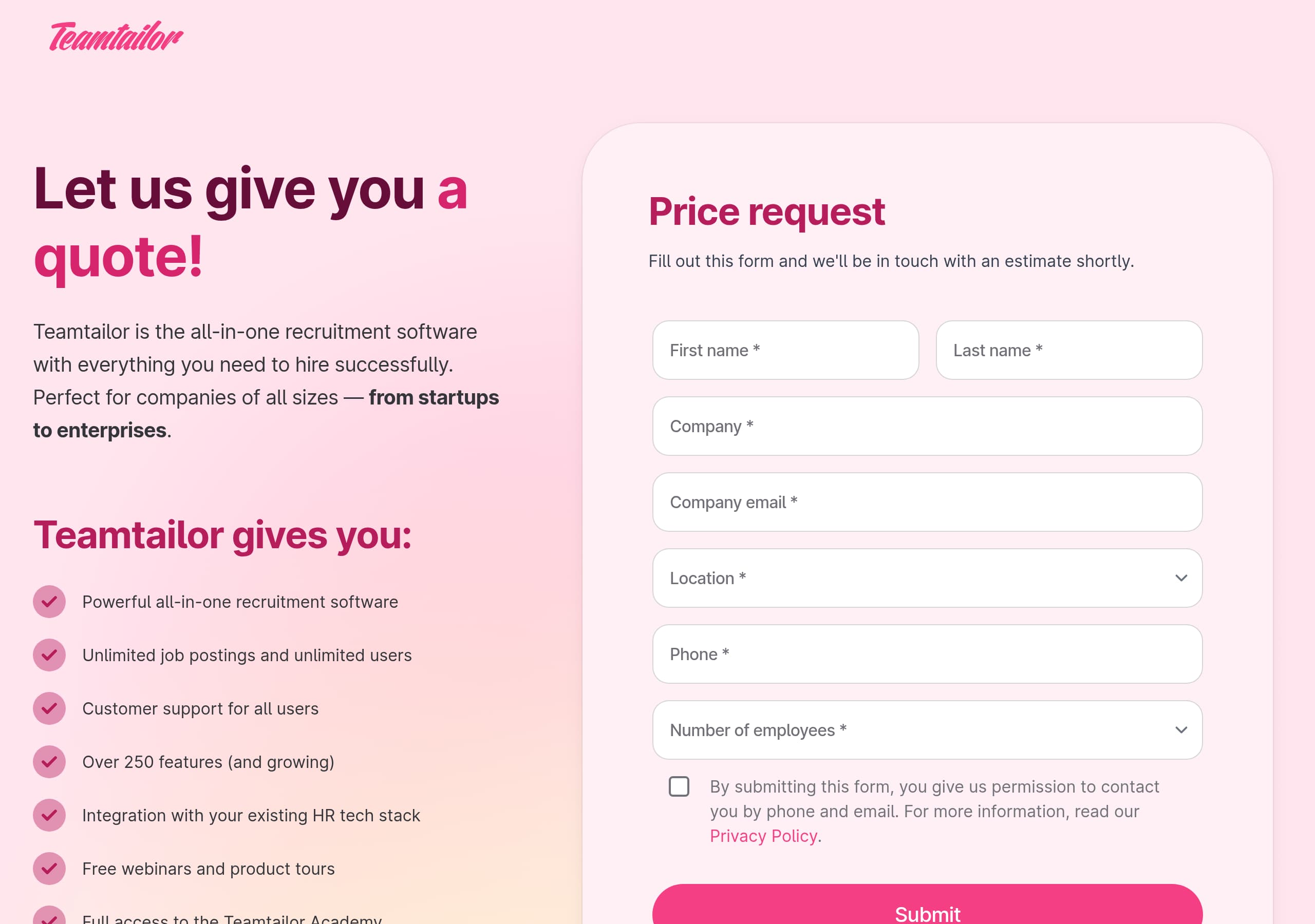 Teamtailor – Pricing screenshot Pricing – Teamtailor website breakdown