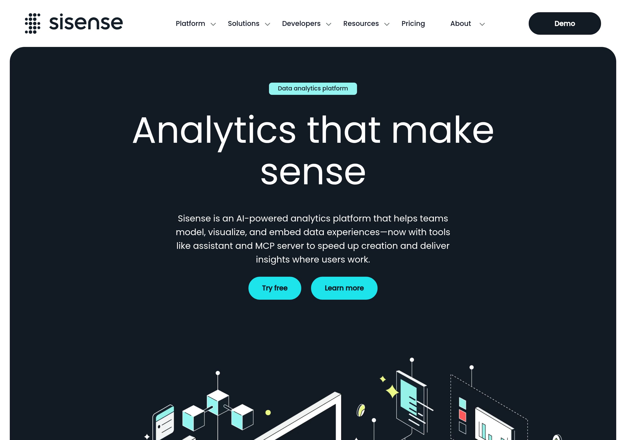 Sisense homepage – Website breakdown screenshot Homepage of Sisense marketing site – hero and above-the-fold content