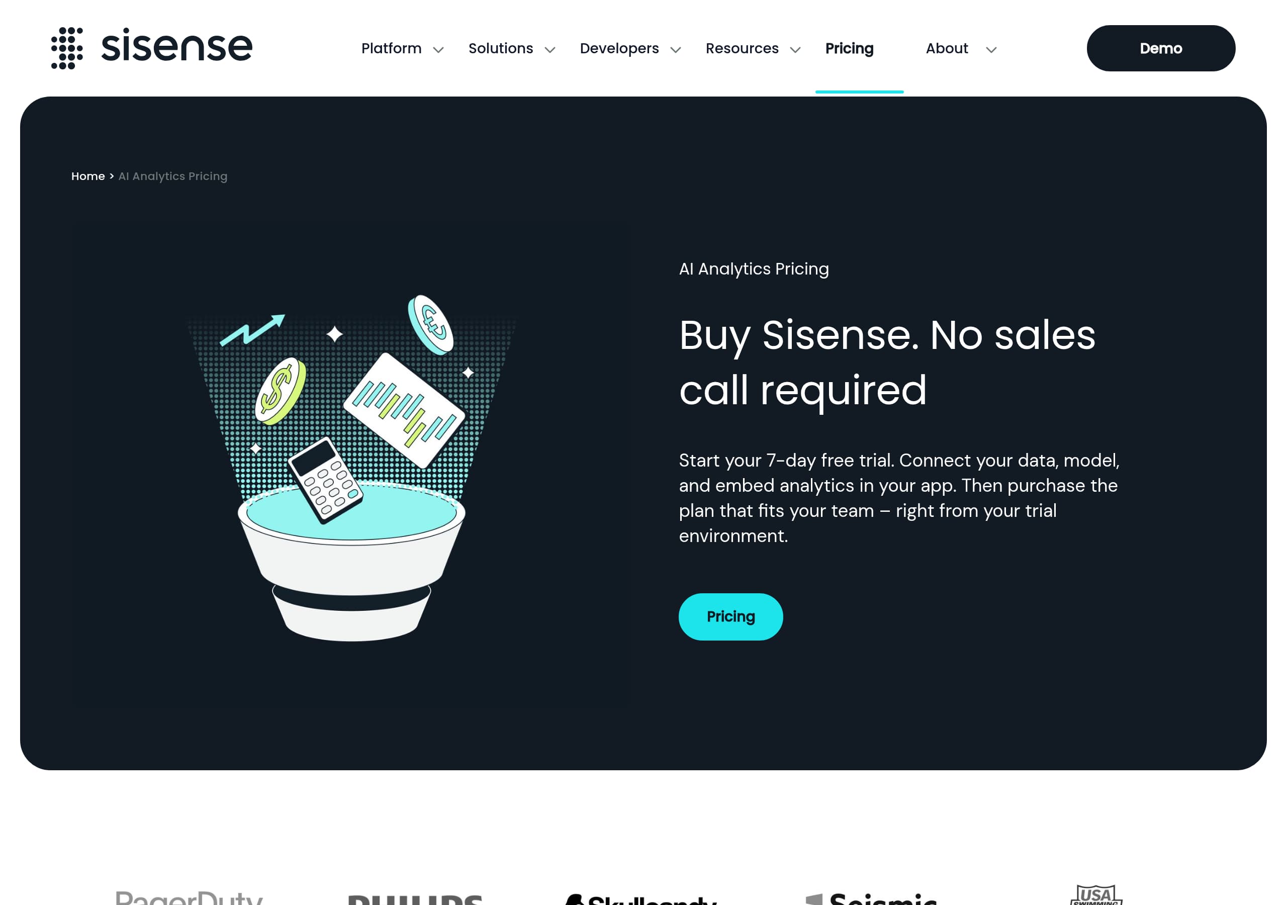 Sisense – Pricing screenshot Pricing – Sisense website breakdown