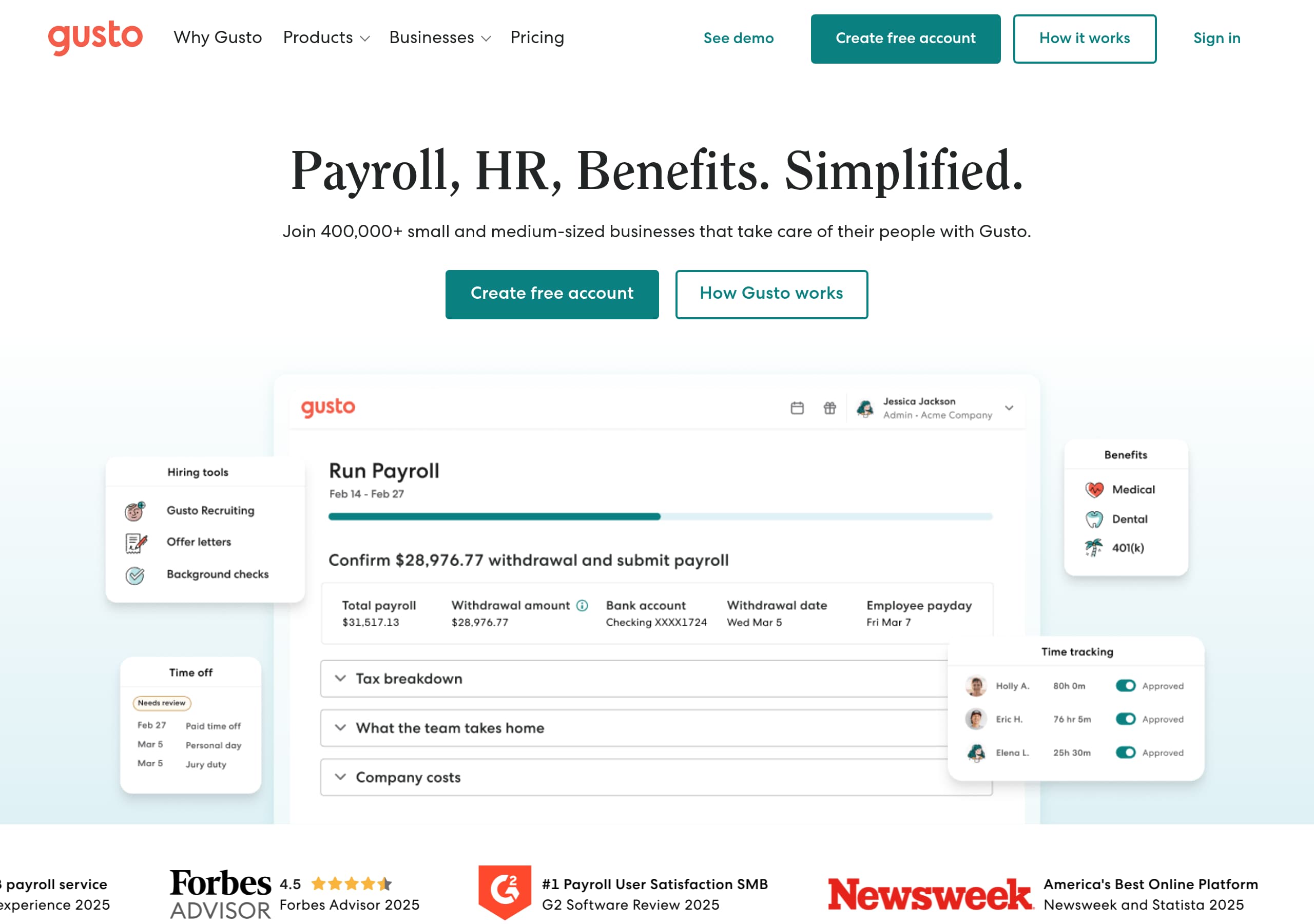 Gusto homepage – Website breakdown screenshot Homepage of Gusto marketing site – hero and above-the-fold content