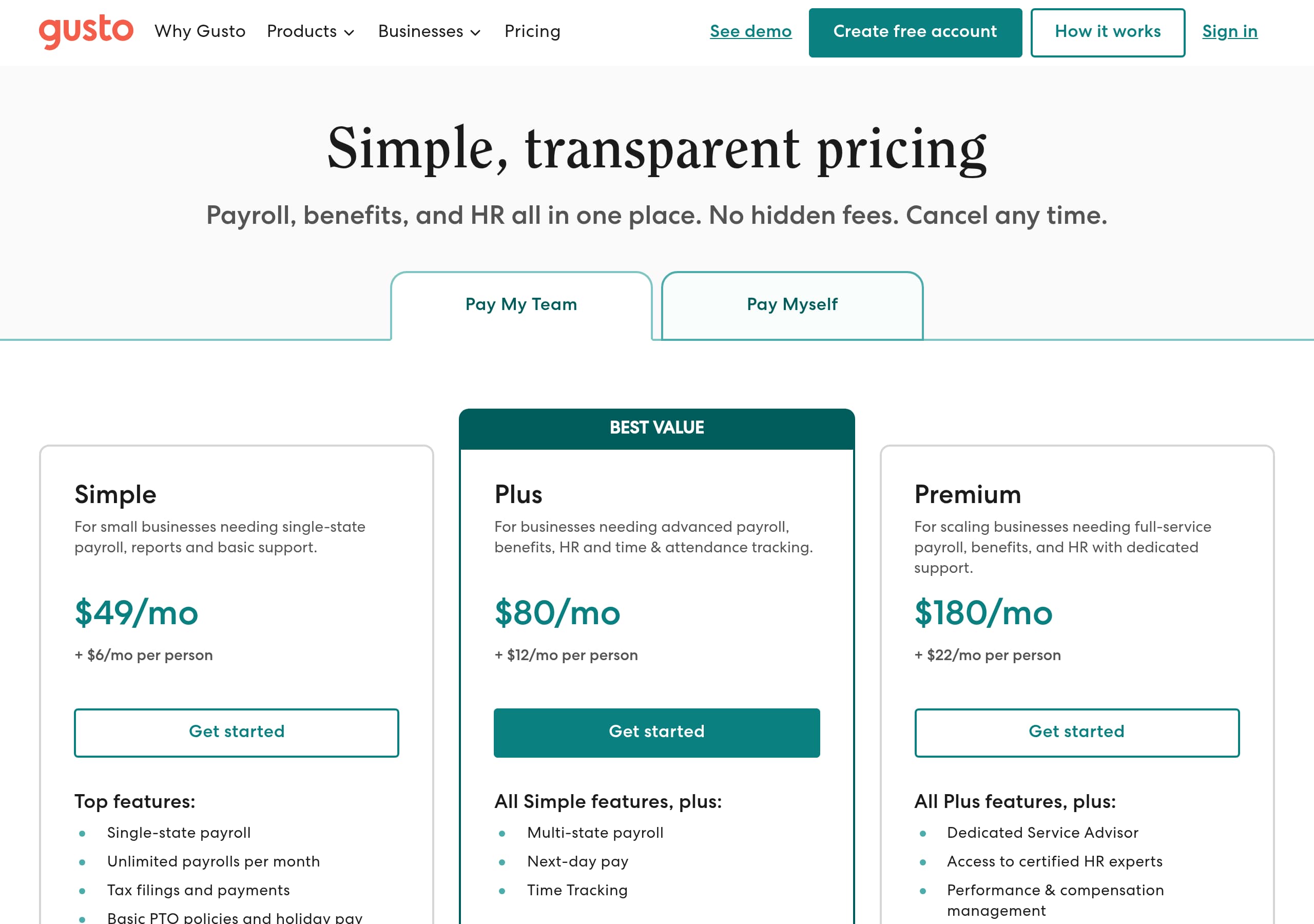 Gusto – Pricing screenshot Pricing – Gusto website breakdown