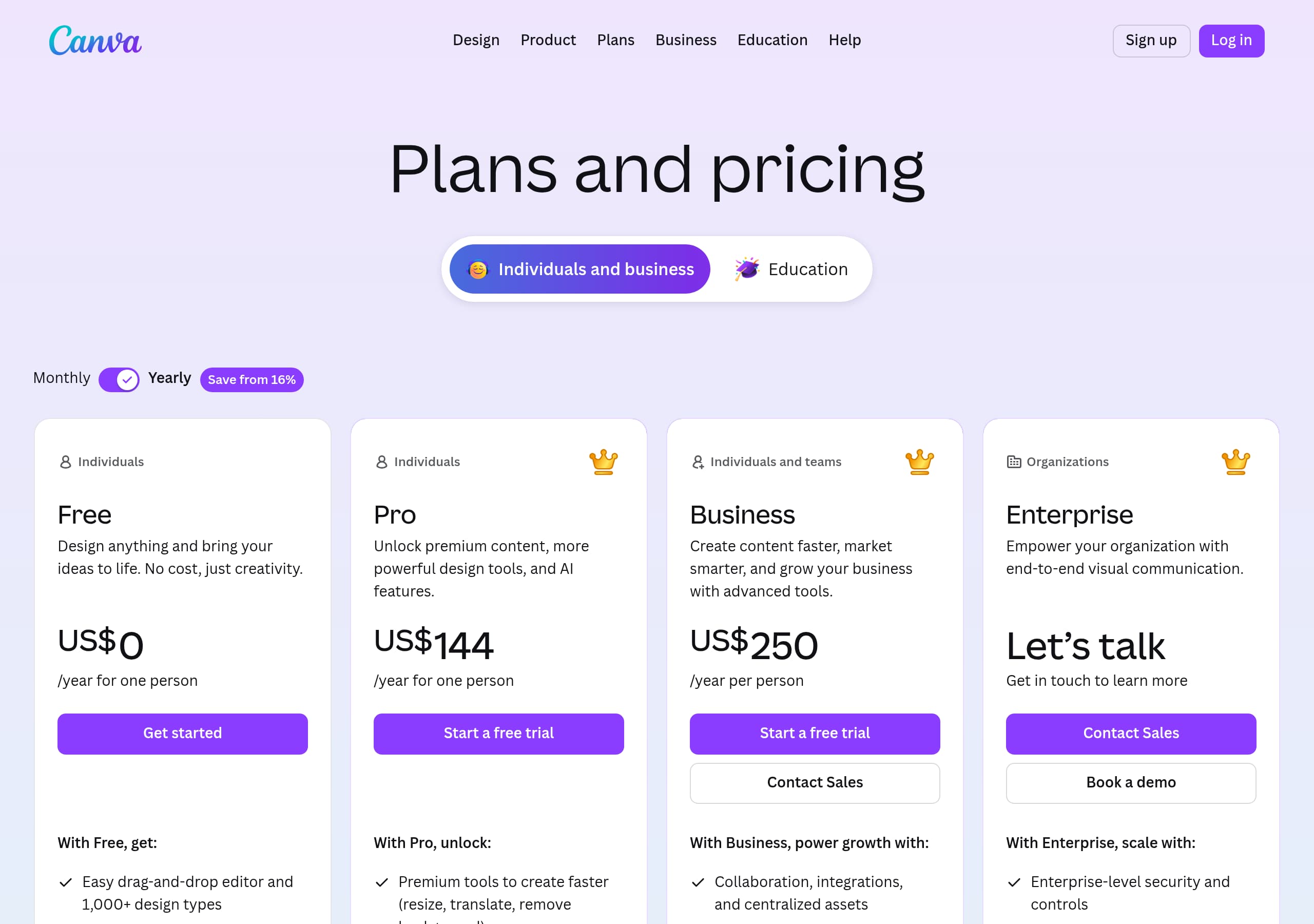 Canva – Pricing screenshot Pricing – Canva website breakdown