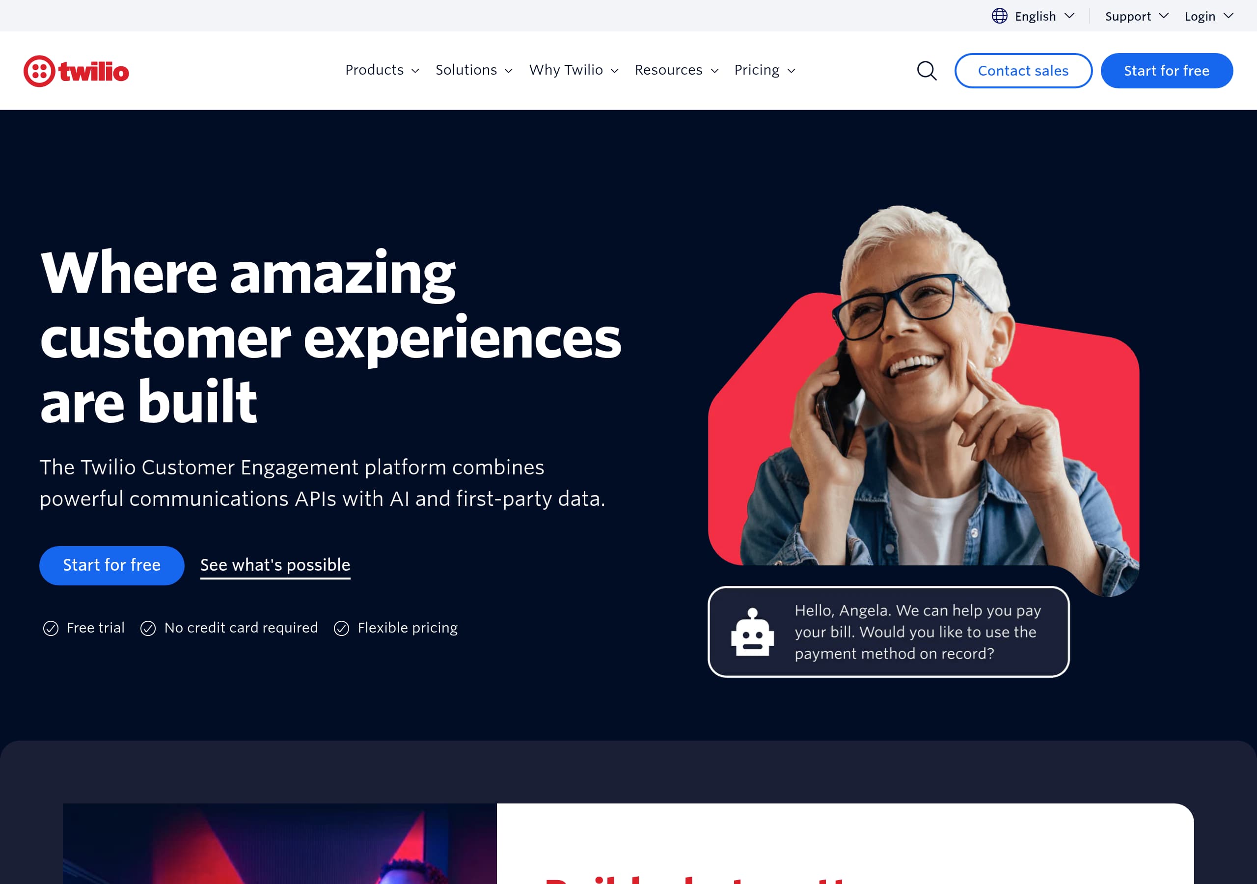 Twilio homepage – Website breakdown screenshot Homepage of Twilio marketing site – hero and above-the-fold content