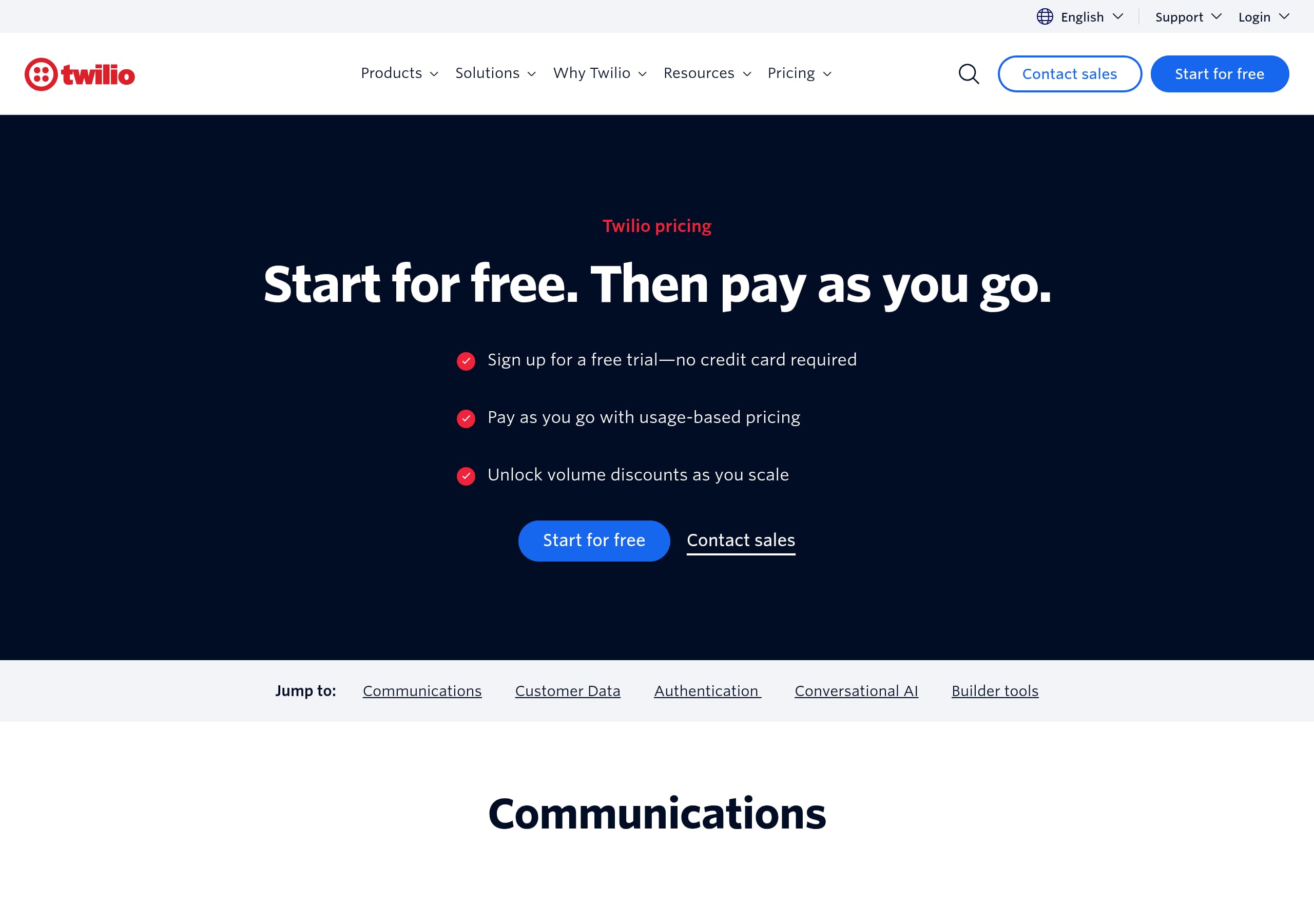 Twilio – Pricing screenshot Pricing – Twilio website breakdown
