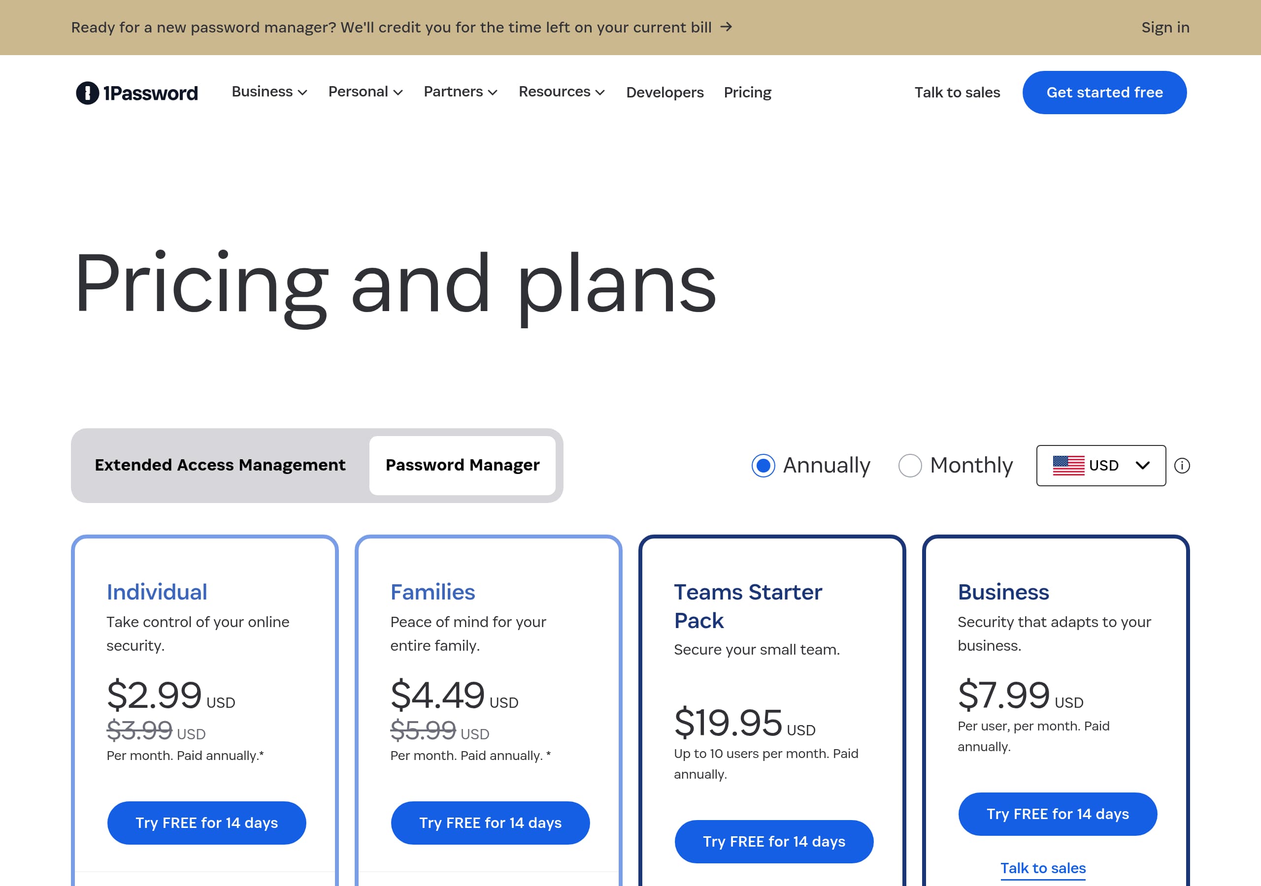 1Password – Pricing screenshot Pricing – 1Password website breakdown