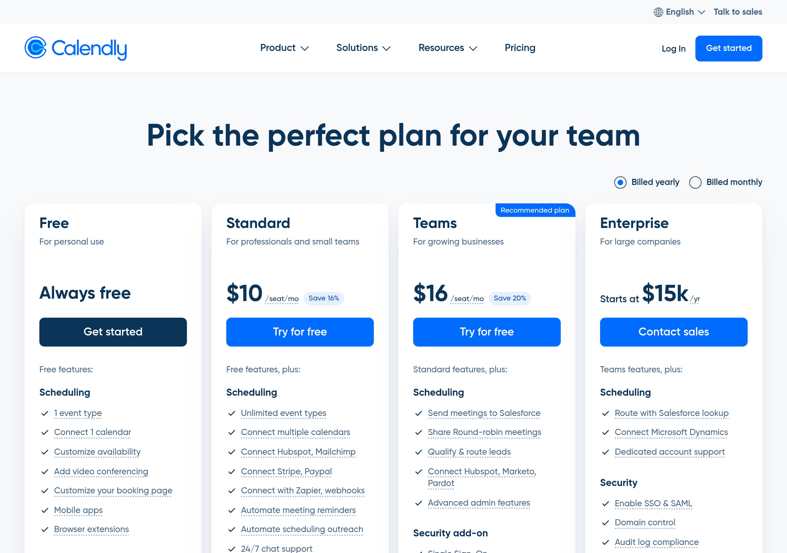 Calendly – Pricing screenshot Pricing – Calendly website breakdown