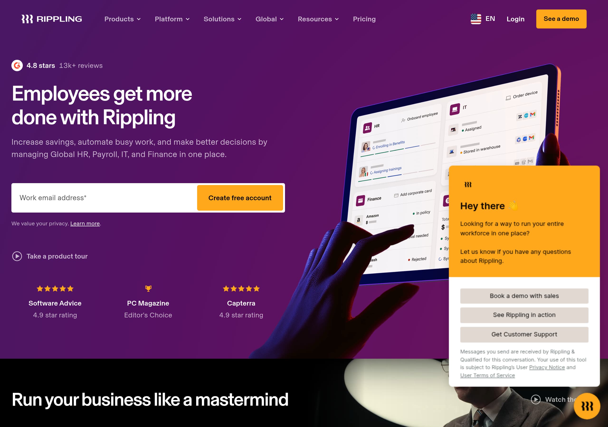 Rippling homepage – Website breakdown screenshot Homepage of Rippling marketing site – hero and above-the-fold content