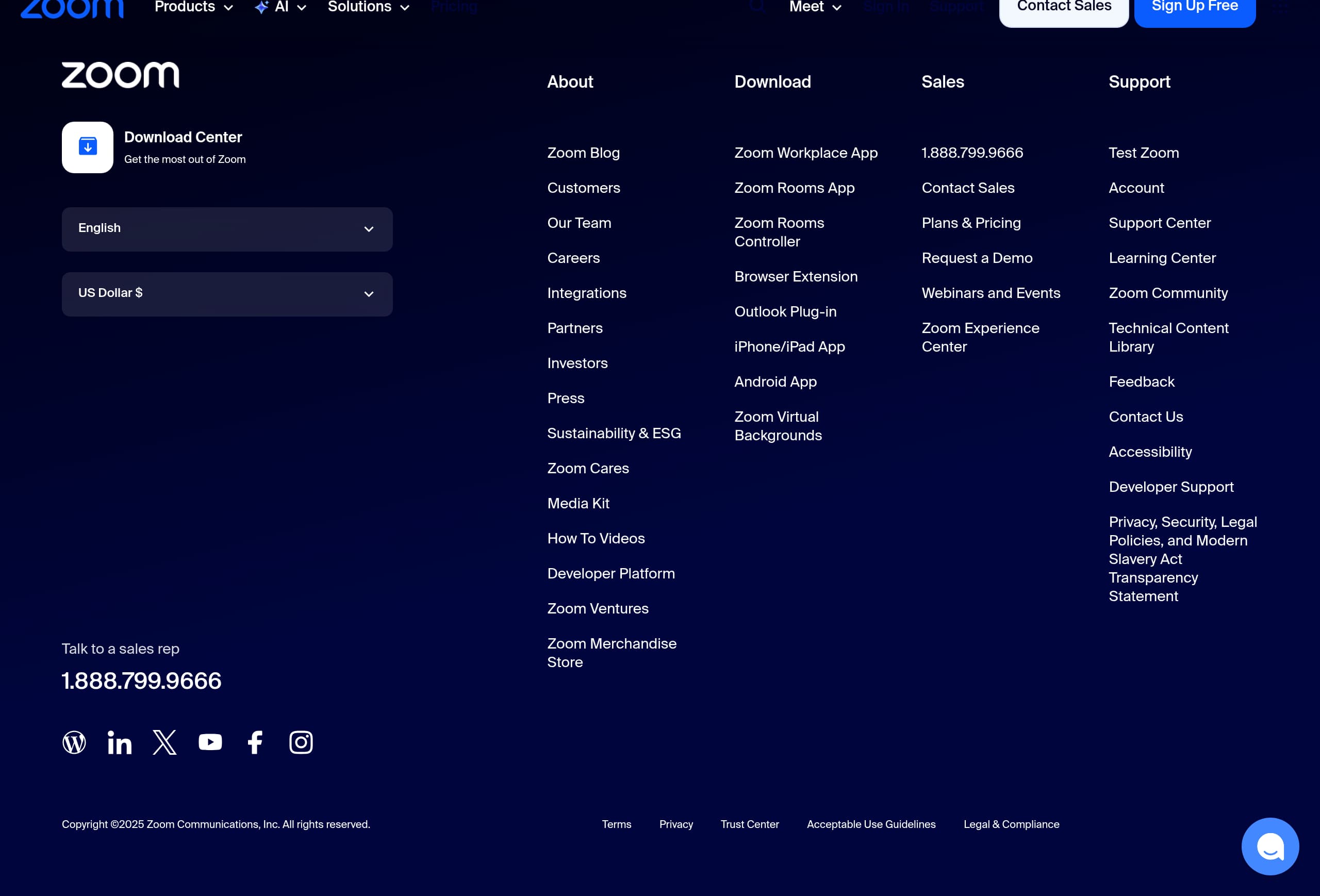 Zoom – Footer screenshot Footer – Zoom website breakdown