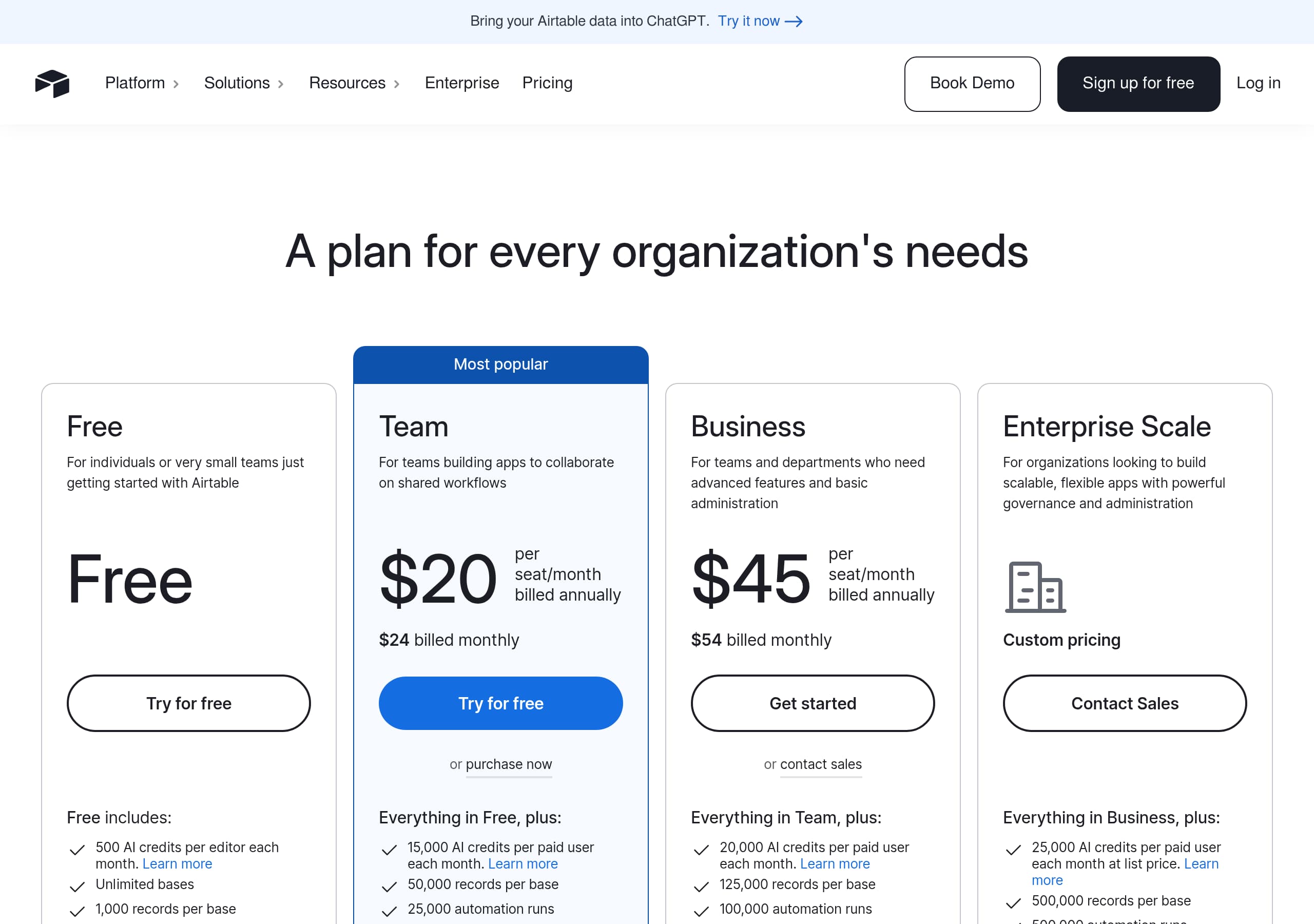 Airtable – Pricing screenshot Pricing – Airtable website breakdown