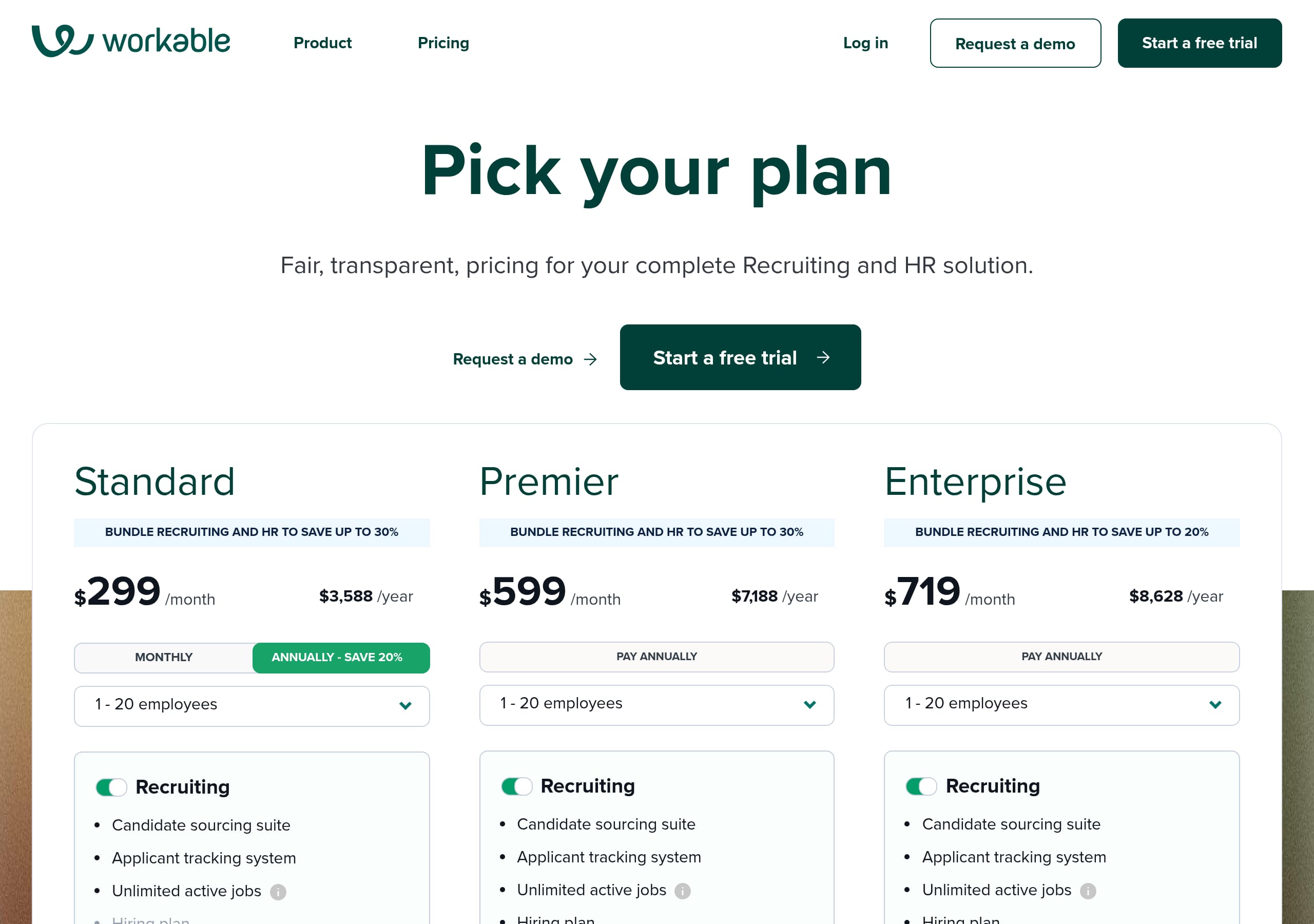 Workable – Pricing screenshot Pricing – Workable website breakdown