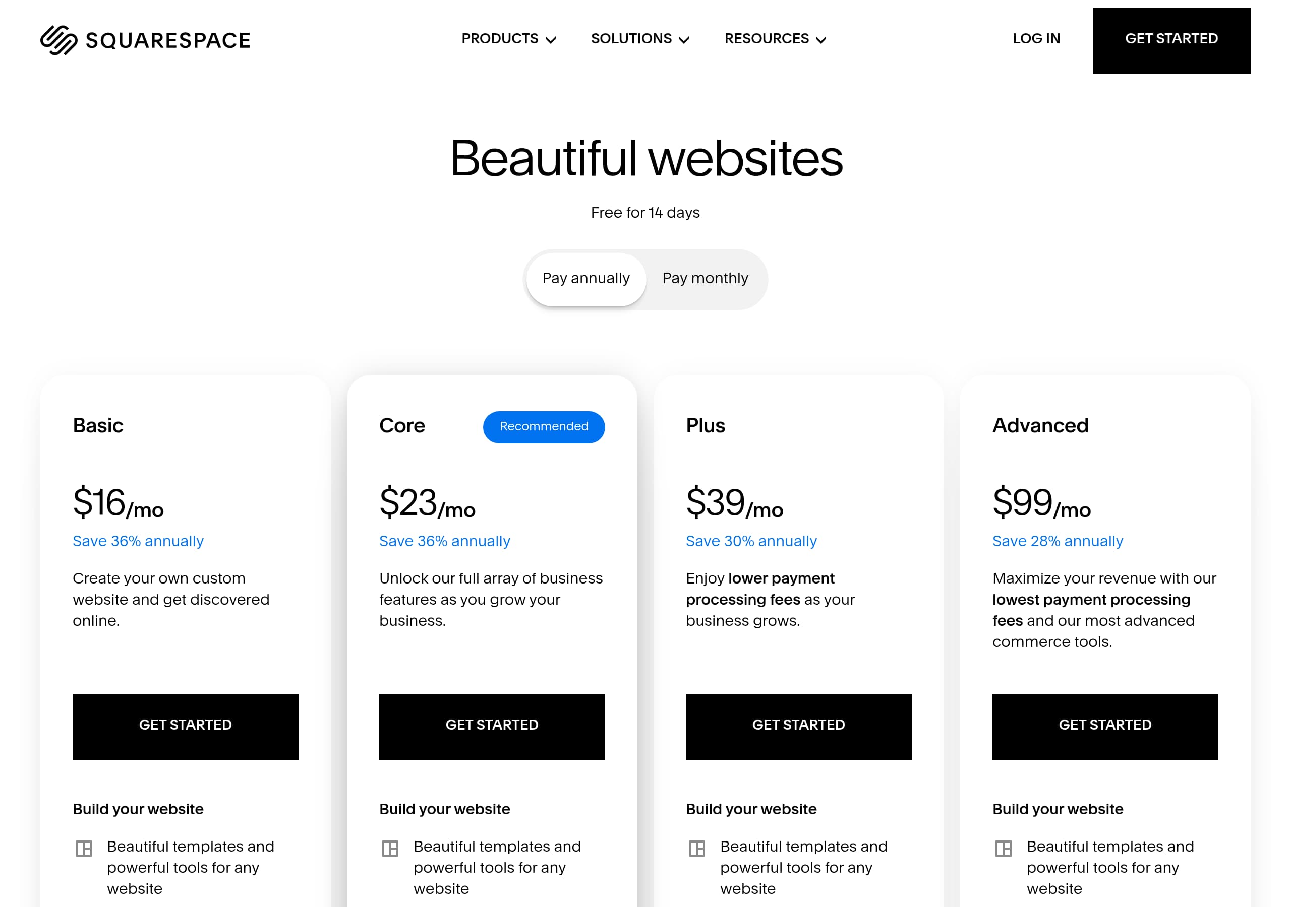 Squarespace – Pricing screenshot Pricing – Squarespace website breakdown