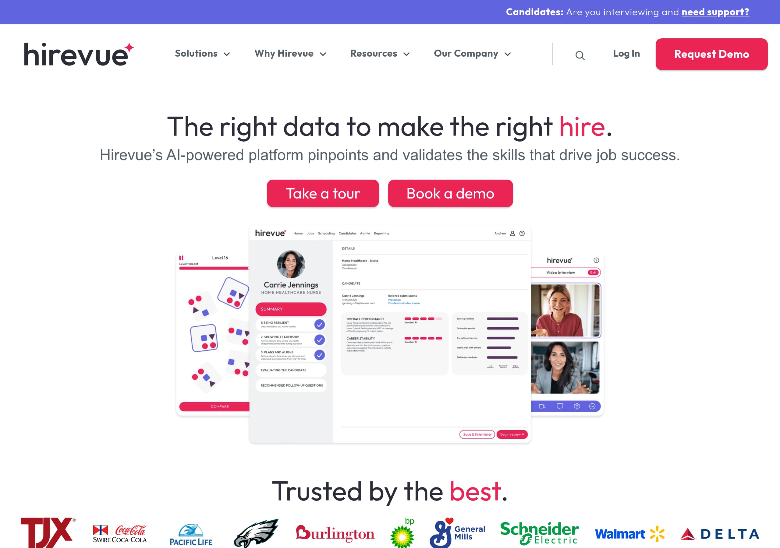HireVue homepage – Website breakdown screenshot Homepage of HireVue marketing site – hero and above-the-fold content